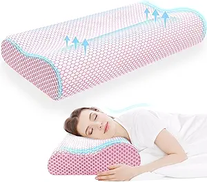 CloudBliss Memory Foam Pillow, Ergonomic Neck Contour Cervical Pillow for Back and Shoulder Pain, Orthopedic Pillow for Neck Pain Relief, for Sleeping Side, Back, Stomach Sleepers - Pink, Queen
