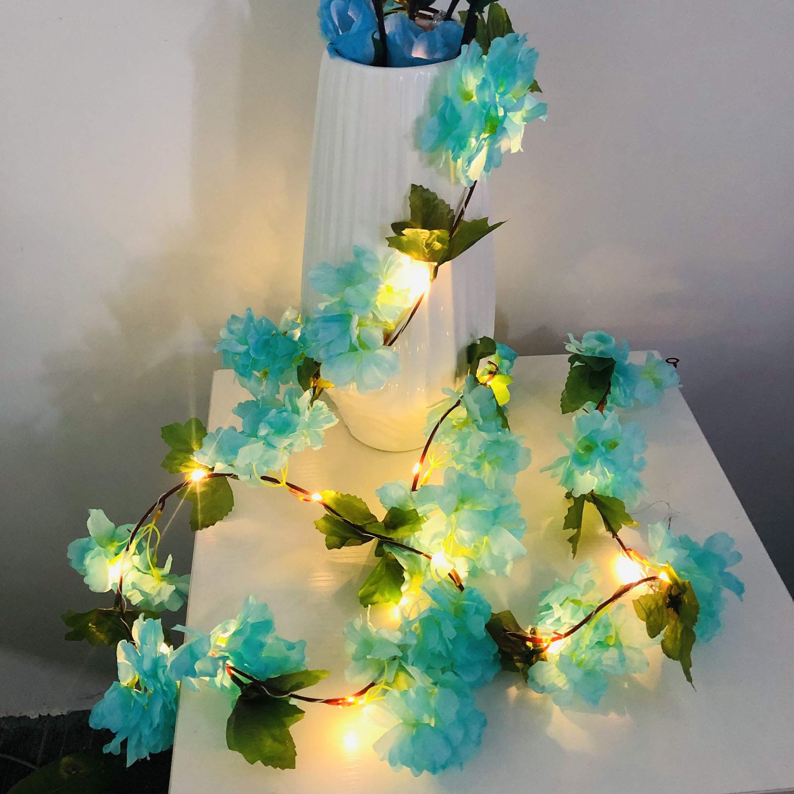 Artificial Cherry Blossoms String Lights Hanging Hydrangea Vines Plant Garland Silk Flower Fairy Light Battery Powered for Home Garden Wedding Party Decor (Blue, 2m/20 Led)