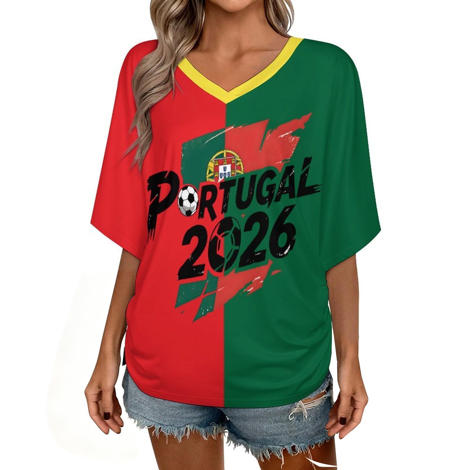T Shirt Personnalisé Femme Fan Foot Coupe du Monde Oversize Col V Imprimé Drapeau National Maillot Manches Courtes 2026