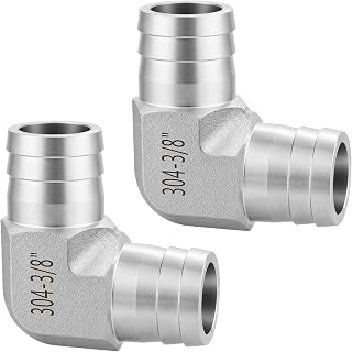 304 Stainless Steel 3/8" Barb x 3/8" Barb 90 Degree Hose Barb Elbow Fitting, Heavy Duty Barbed Tube Connector for Water, Air, Fuel & Garden Irrigation, 2 Pack