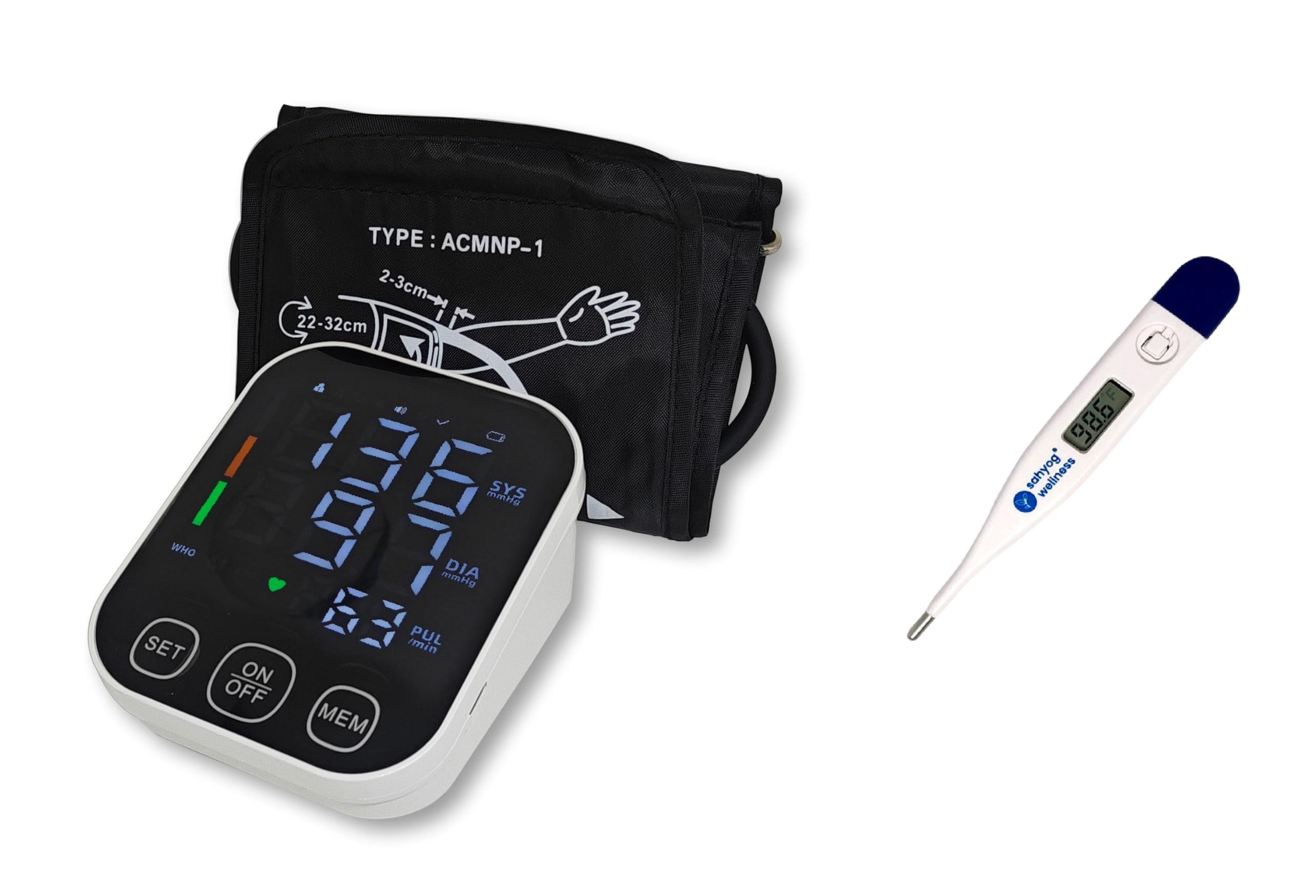 Sahyog Wellness Fully Automatic Upper Arm Digital Blood Pressure Monitor Machine with Regular Sized Cuff having USB Cable & Chargeable Battery with Digital Thermometer (Black)