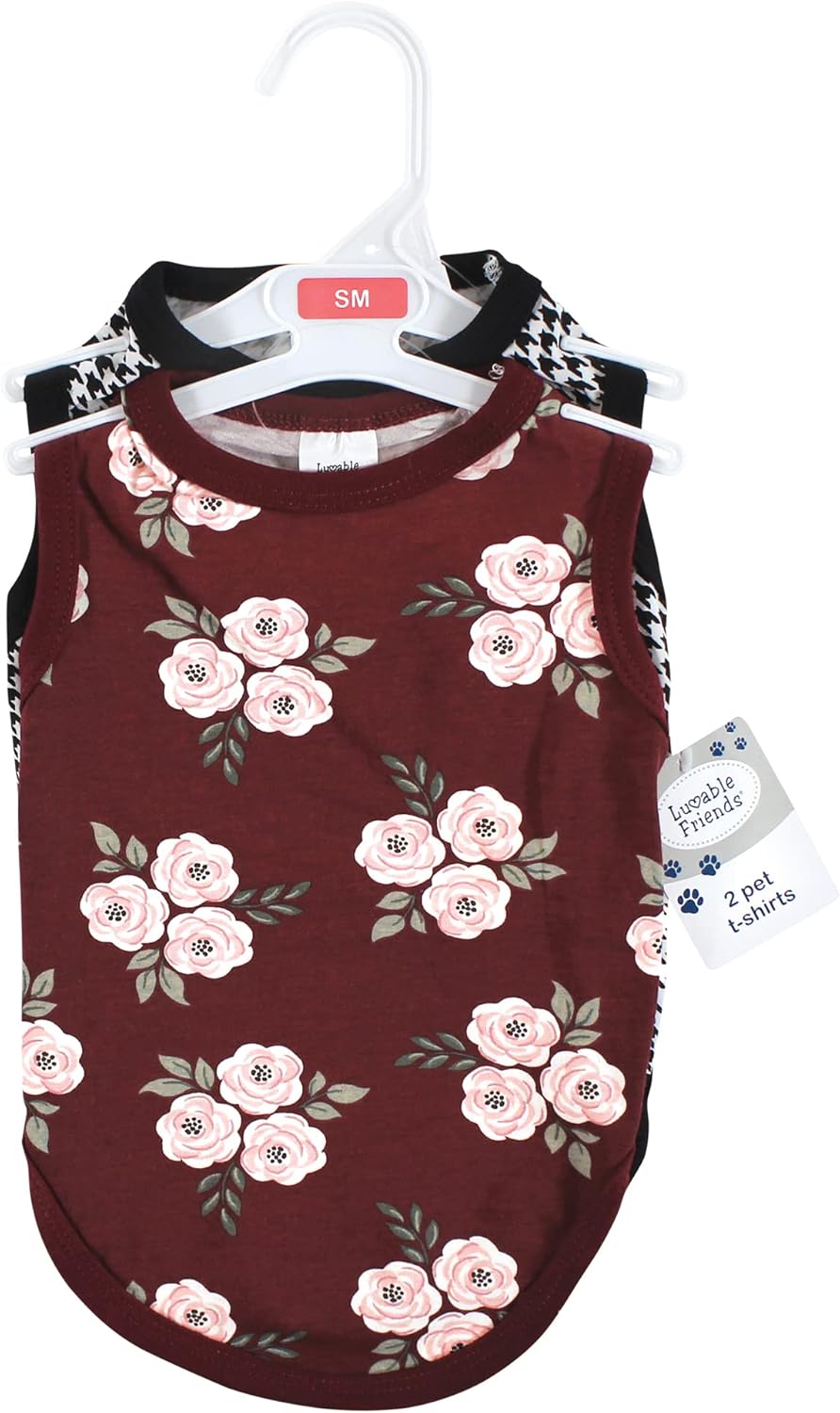 Luvable Friends Dog Pet Dog and Cats Cotton T-Shirts 2pk, Burgundy Floral Houndstooth, X-Large