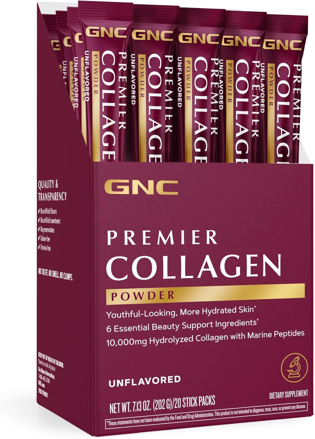 GNC Premier Collagen Powder, with 6 Essential Beauty Support Ingredients, Unflavored, 20 Stick Packs