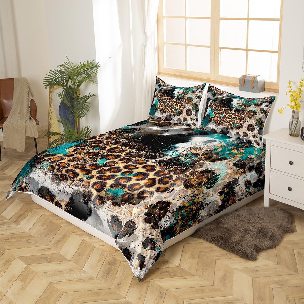 Leopard Print Kids Duvet Cover Set Queen Size,Boys Girls Adults Bedroom Decor,Black White Cow Fur Texture Comforter Cover,Abstract Animals Skin Bedding Set,Rustic Farmhouse Quilt Cover,2 Pillowcases