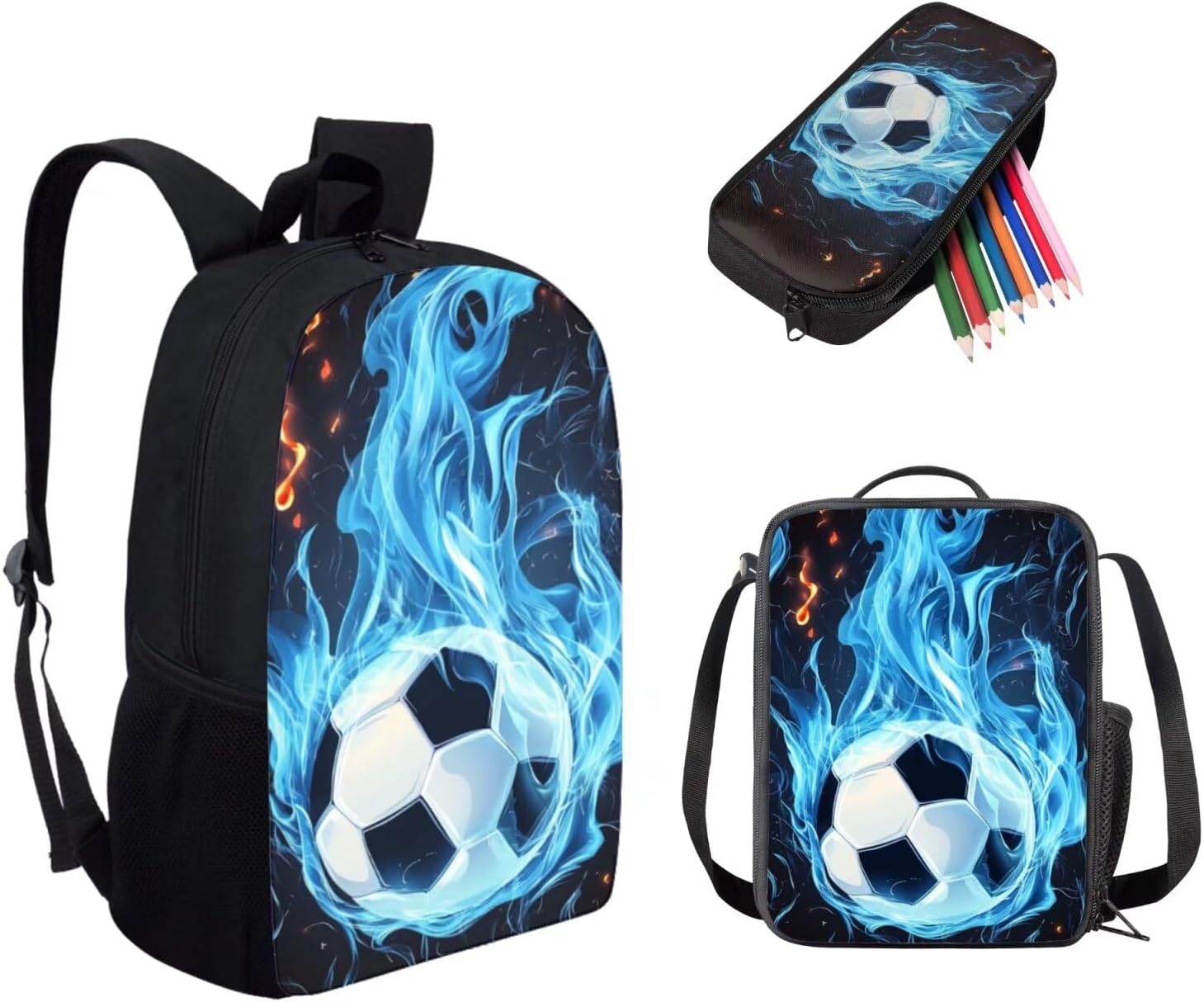 FKELYI Blue Fire Soccer Kid's Backpack for School Study Travel Teens Lightweight Book Bag with Lunch Bag and Pencil Box 3 Pack Set Schoolbag for Boys Ages 8-12