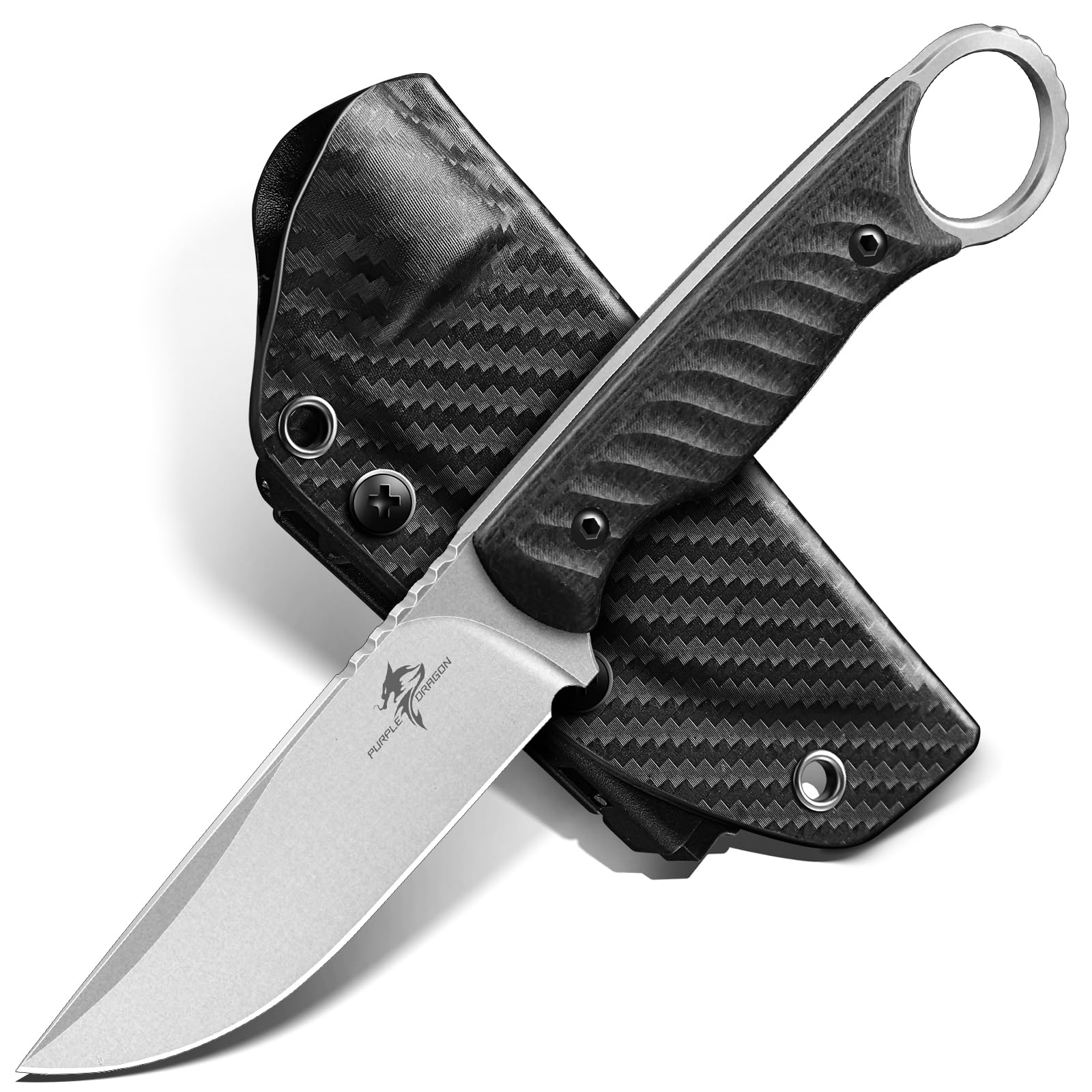 Purple Dragon Outdoor Survival Messer,D2 Stahl Klinge,Schwarz G10 Ringgriff