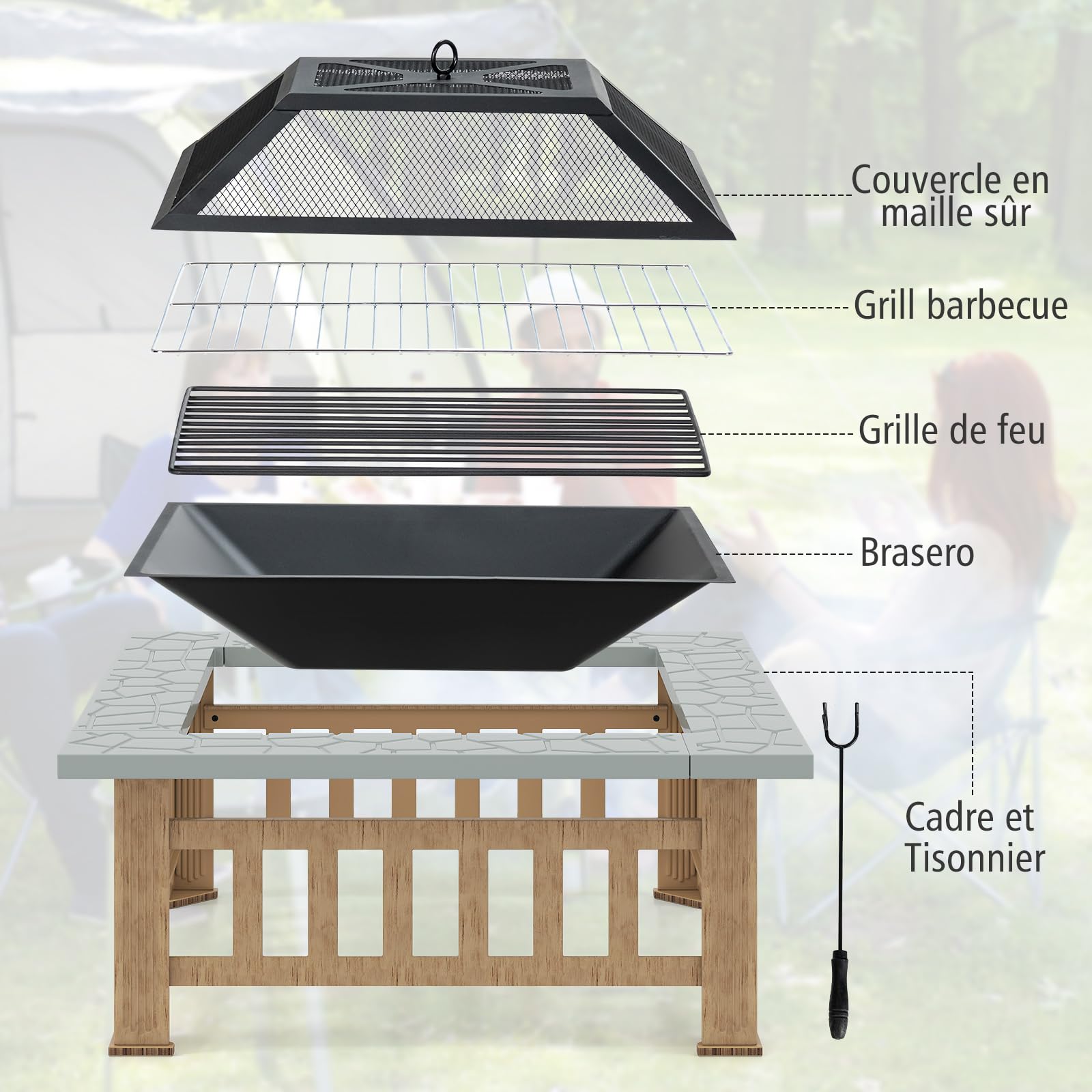 COSTWAY Brasero Extérieur Carré 3 en 1 avec Pare-étincelles (Gris+Noir)