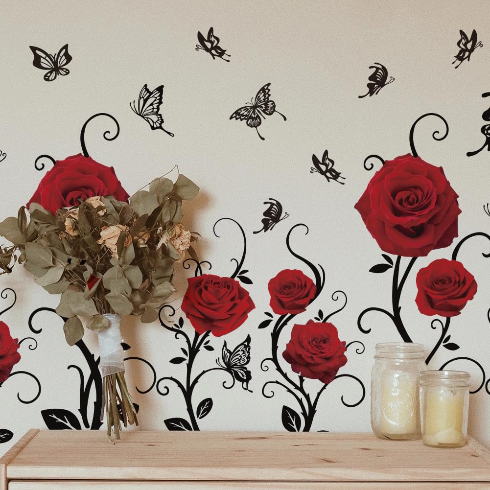 SUPERDANT 4 Sheets Red Roses Wall Stickers Valentine's Day Flowers Butterfly Wall Decals Peel and Stick Vinyl Art Murals for Home Bedroom Living Room Sofa Backdrop TV Background Decoration - Image 4
