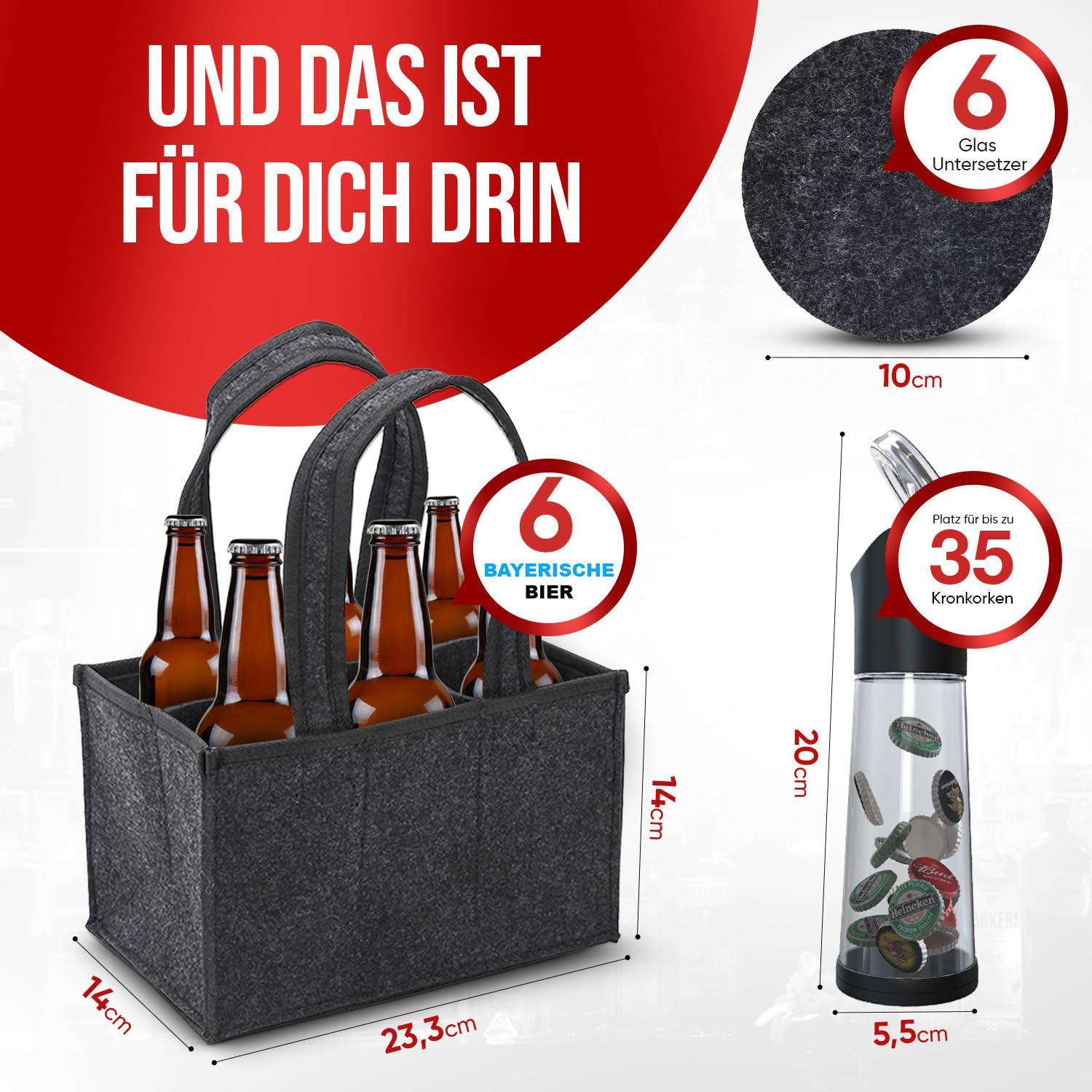 wortek Coffret cadeau pour homme - Sac à main pour homme - Décapsuleur et dessous de verre + 6 bières bavaroises - Cadeau d'anniversaire pour père