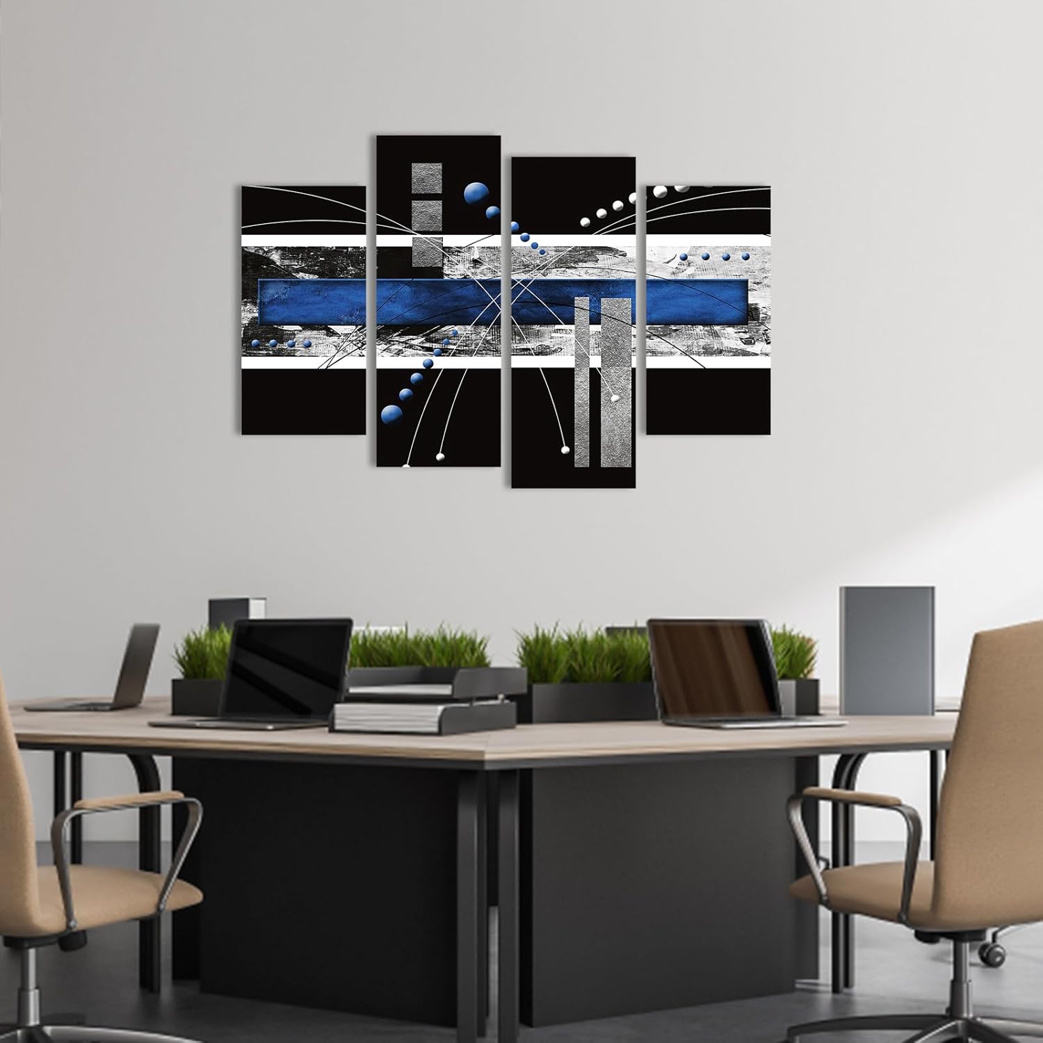 Modern Abstract Canvas Wall Art: Black and Blue Wall Decor - Grey White Decoration for Home Office, 4 Panels Poster Decorative Framed Print for Living Room Bedroom Ready to Hang
