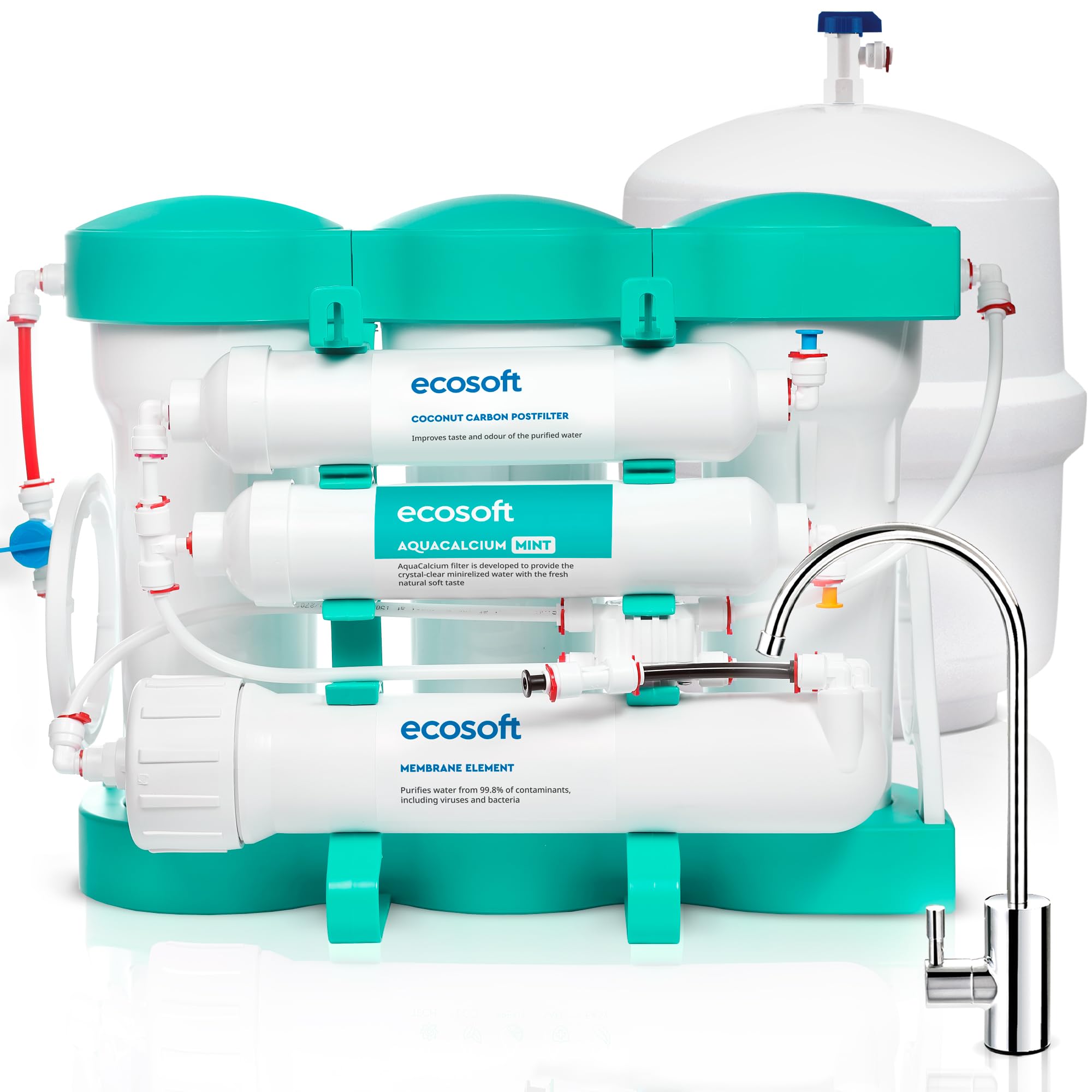 Ecosoft P'URE AquaCalcium Mint Filtre à osmose inverse pour la maison, filtre 99 | 8 purcent des polluants de l'eau | minéralise l'eau potable avec du calcium | avec réservoir d'eau