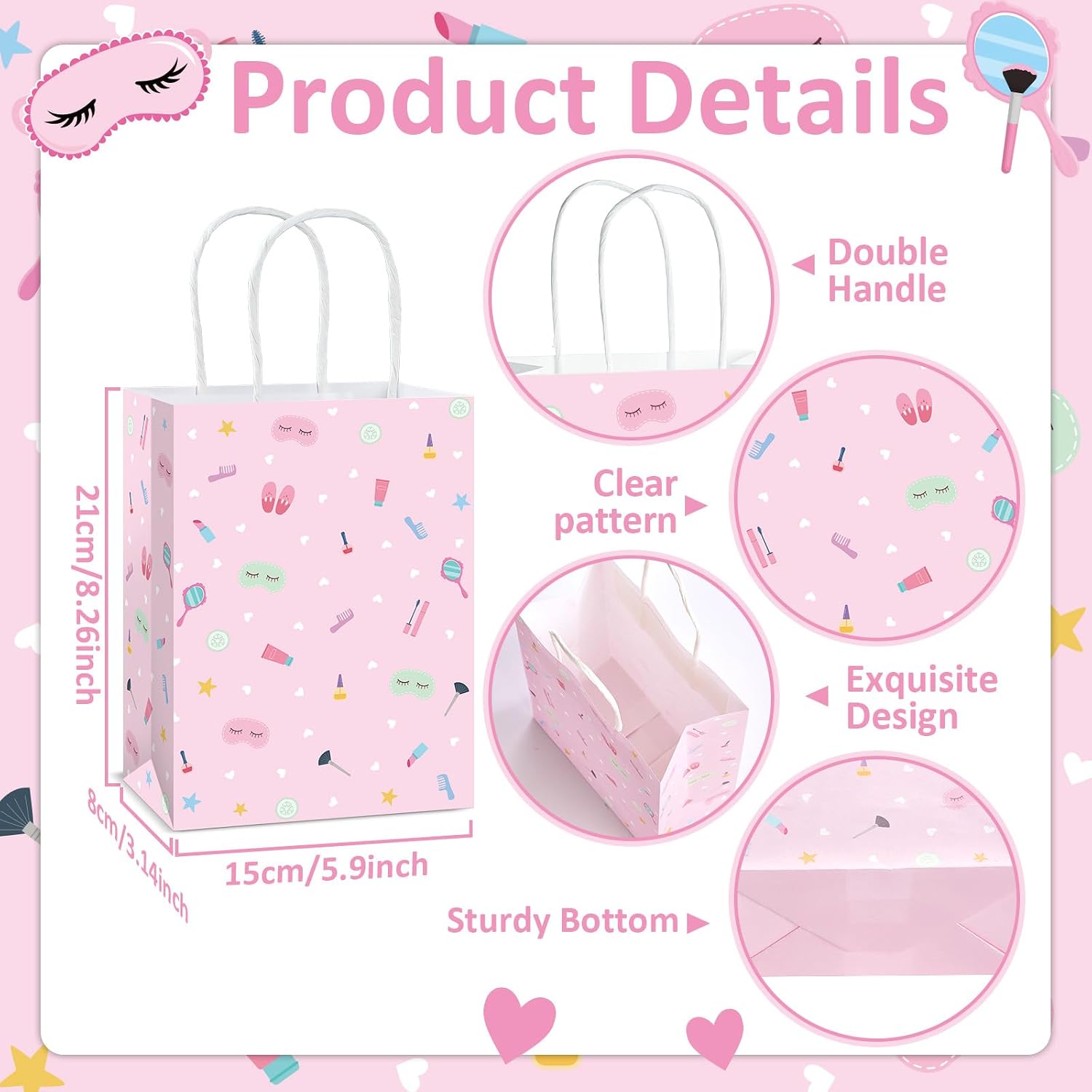 12 PCS Spa Themed Party Decorations Paper Bags Pink Spa Birthday Party Wrapping Gift Bags with Handles Goodie Candy Gift Paper Bag Favor Treat Bag for Makeup Birthday Slumber Parties Favor Supplies image 3