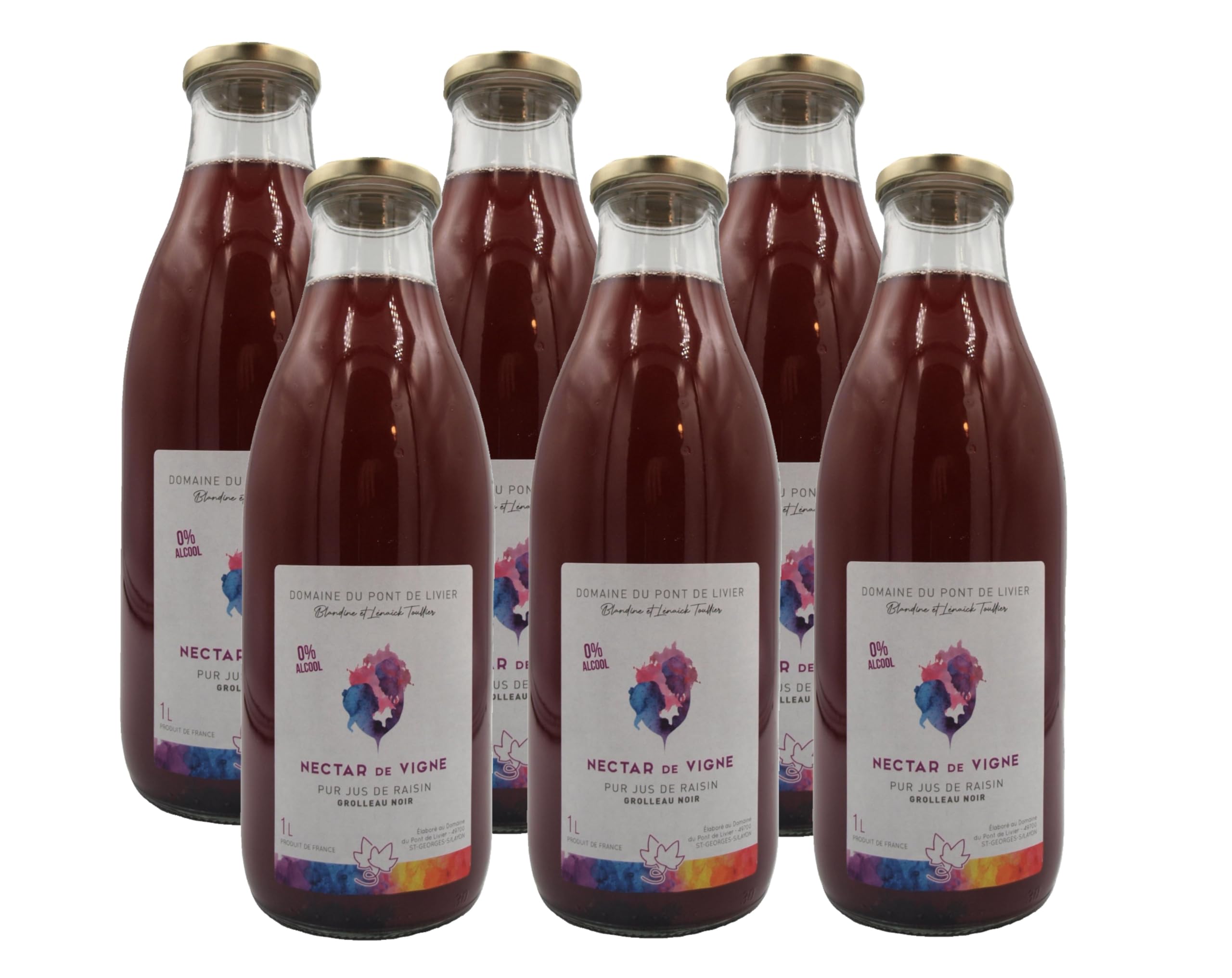 Puro Jugo de Uva Grolleau Negro, Sin Alcohol, 1L, juego de 6 botellas, campo del puente de Livier, néctar de Vida, zumo de uva artesanal.