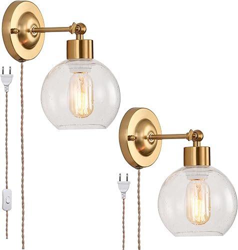 Juego de 2 apliques de pared con forma de globo de cristal, luces de pared de vidrio vintage doradas, para dormitorio, E26 para montaje en pared,