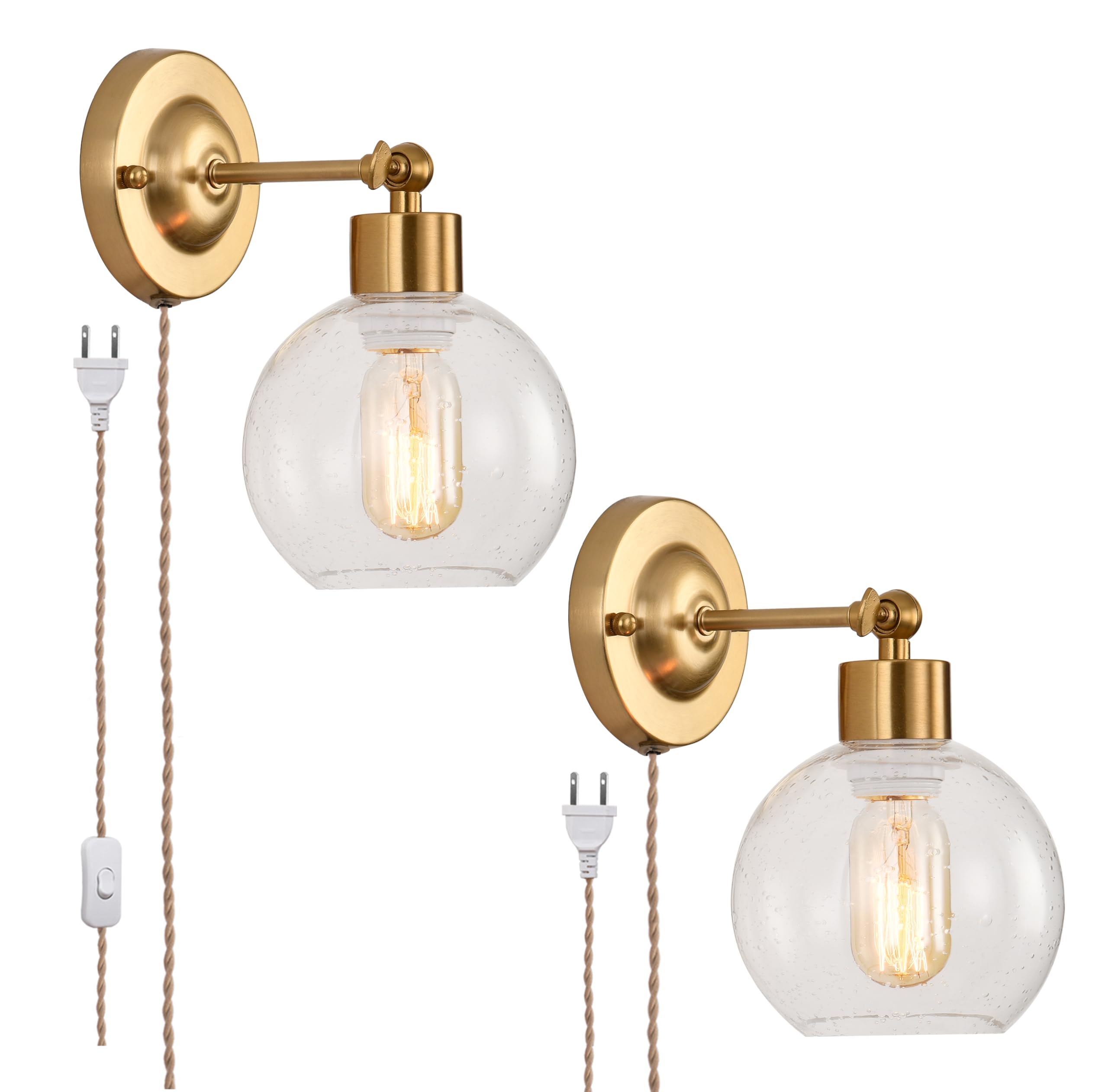 Glass Globe Plug in Wall Sconces Set of 2, Gold Vintage Glass Wall Lights Bedroom, E26 Wall Mounted Plug in Light, 180° Adjustable Wall Sconce Lighting for Living Room Bathroom (2 Pack Gold)