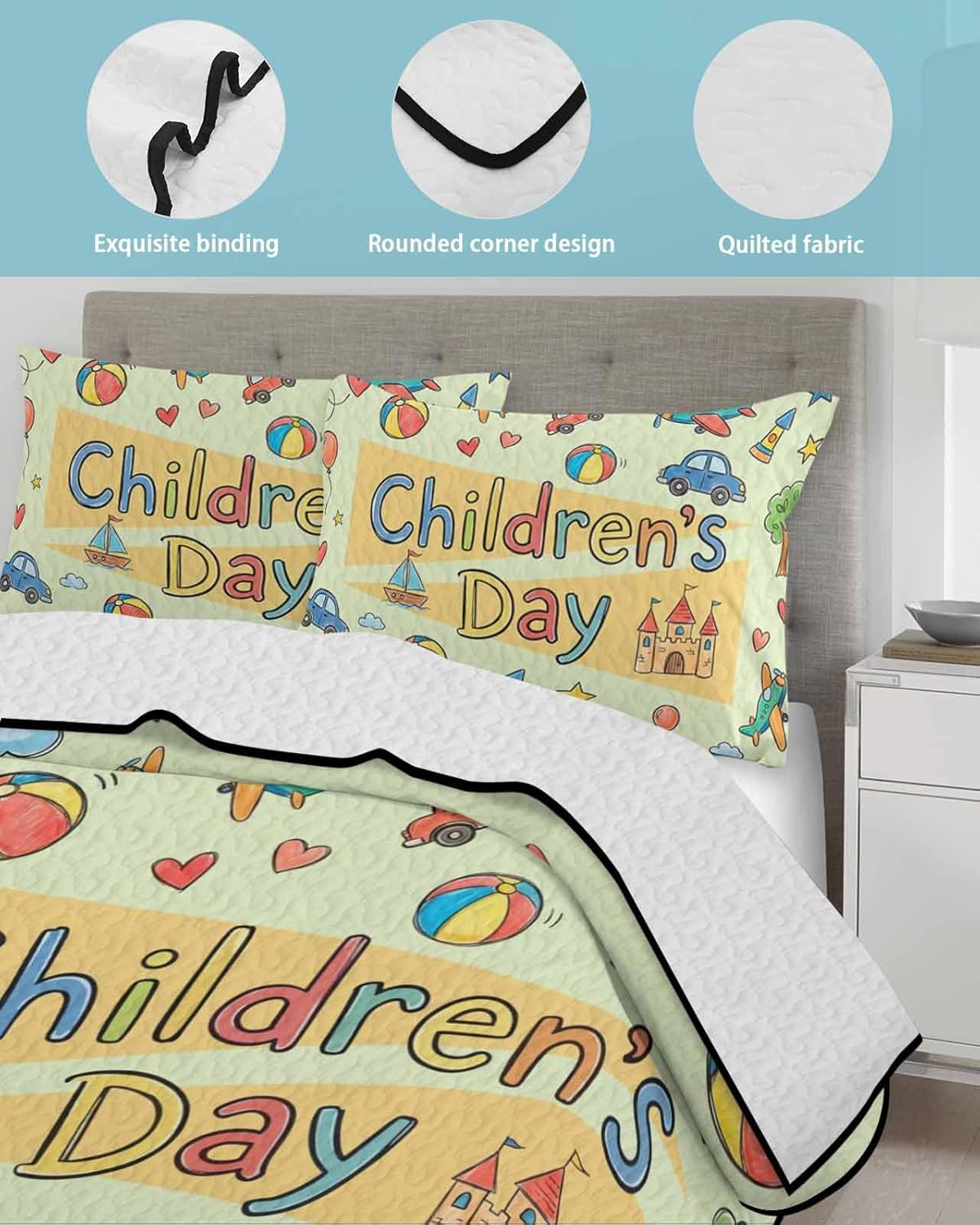 Full Size Quilt Bedding Set, Happy Children's Day Lightweight Summer Quilt 3 Pieces Bedding Sets, Cartoon Castle Childhood Innocence Reversible Soft Bedspreads Coverlets with 2 Pillow Shams