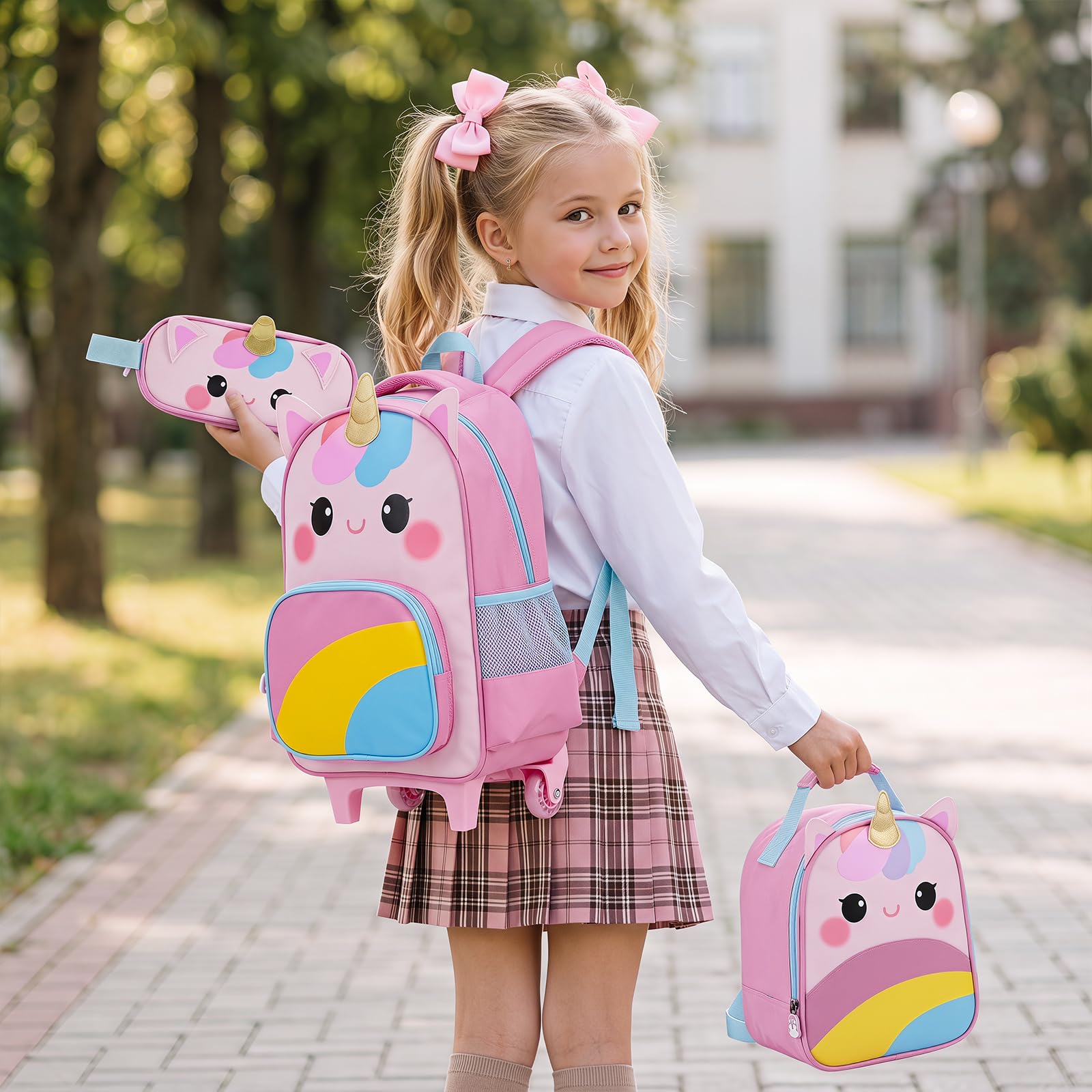 COSTWAY Set di 3 Zaini con Ruote per Bambini 3+ Anni (Modello 2) | 3 in 1 Zaino Trolley da Scuola con Borsa per Pranzo e Astuccio per Matite, Maniglia Retrattile e Portabicchieri Laterale