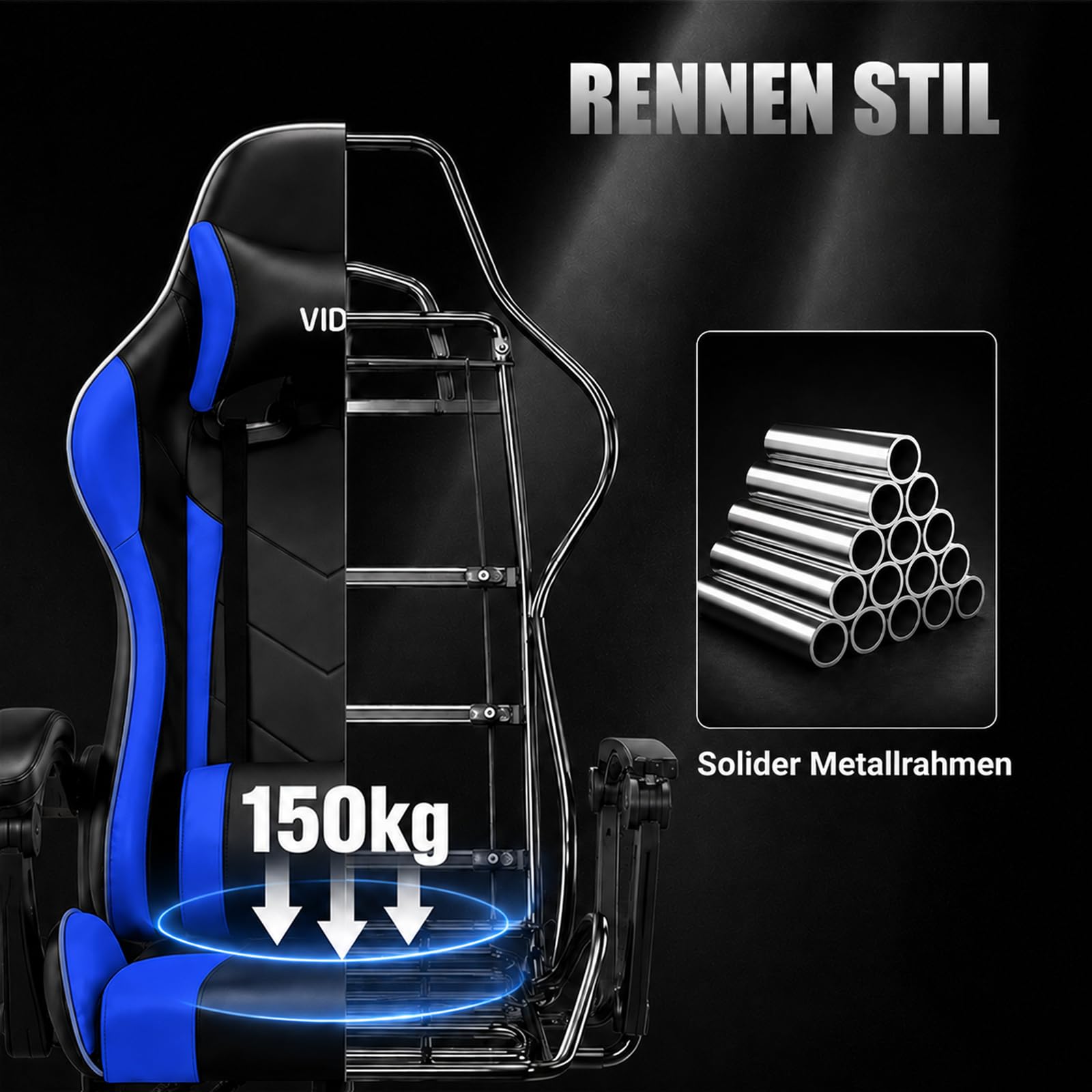 Ergonomischer Gaming Stuhl mit Fußstütze, verstellbarer Gaming Chair mit Lendenkissen, Kopfstütze & 135°Rückenlehne, drehbarer Bürostuhl für Büro, Homeoffice & Zocken mit Komfort,Schwarz & Blau, 150kg