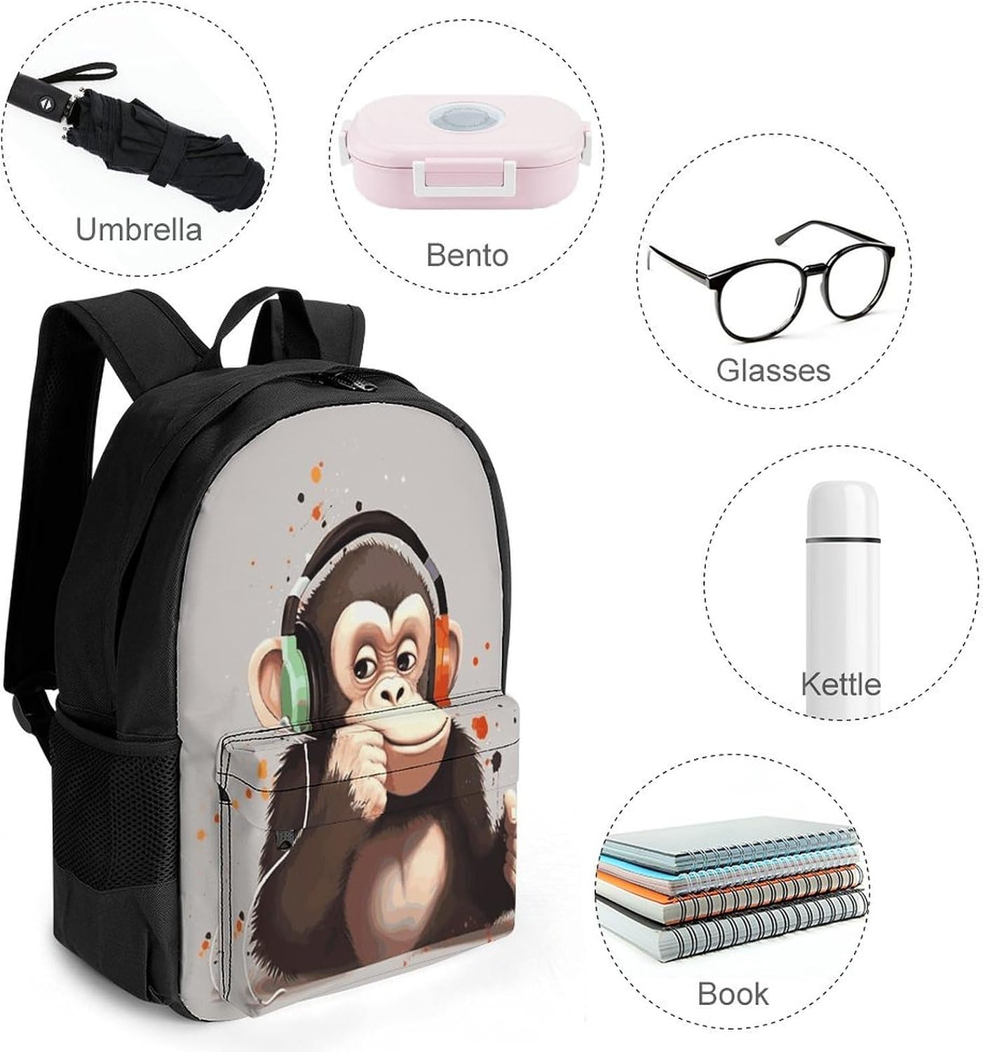 Music Monkey Backpack Daypack Travel Backpack | Lightweight Casual Laptop Backpack for Women Men Aesthetic Travel Bag for Weekender Business Hiking Outdoor