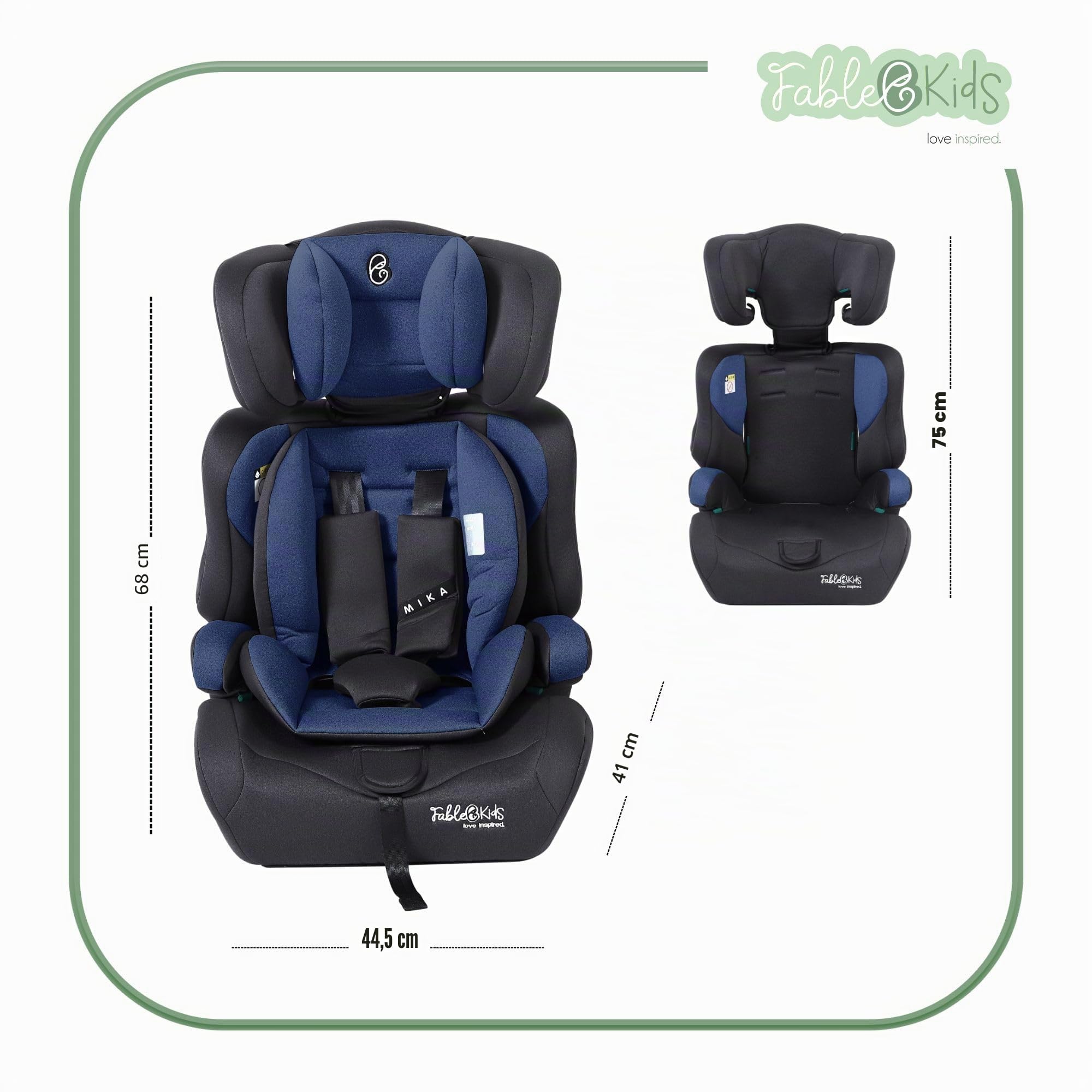 FableKids Siège auto pour enfants | Ceinture de sécurité à 3 points | à partir de 15 m. | 76-150 cm | ECE R129/03 | Réglable 44,5x41x68-75cm | Bleu