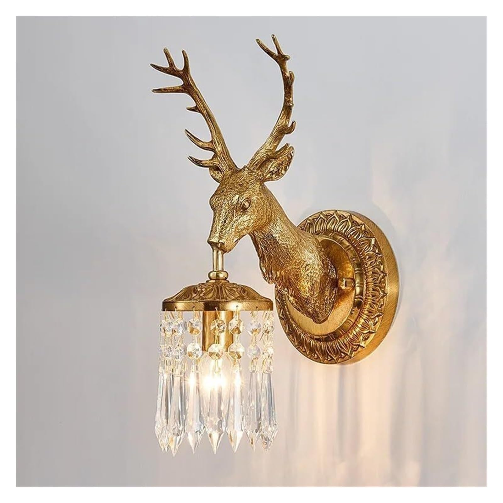 ASerZenith Wall Sconces, French Deer Head Background Wall Bedroom Wall Lamp Luxury Bedside Full Copper Crystal Wall Lamps