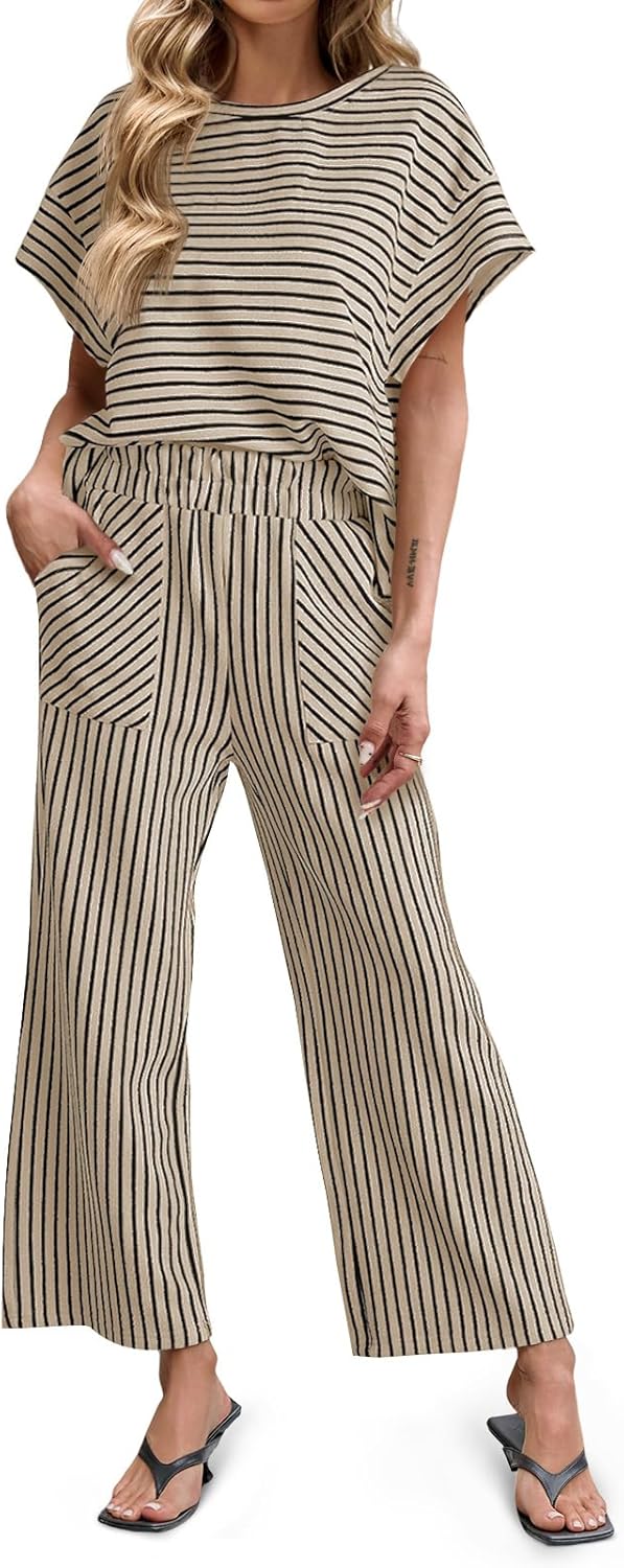 Tankaneo Womens Striped 2 Piece Sets Short Sleeve T Shirts Wide Leg Pants Matching Lounge Set with Pockets