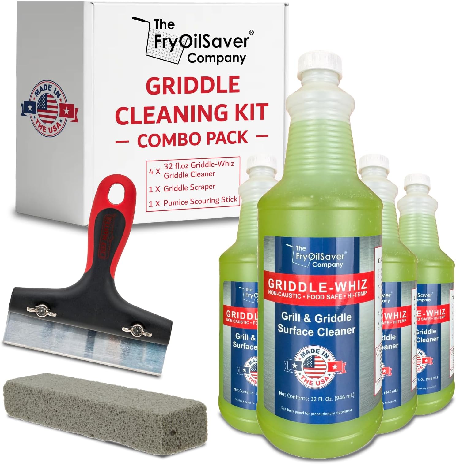 Griddle-Whiz Flat Top Grill Cleaning Kit - 4-Pack Griddle Cleaner w/ Scraper Tool & Pumice Stone for Tough Grease, Food Residue & Buildup on Griddles & Flat Top Grills - by FryOilSaver (32oz Bottles)