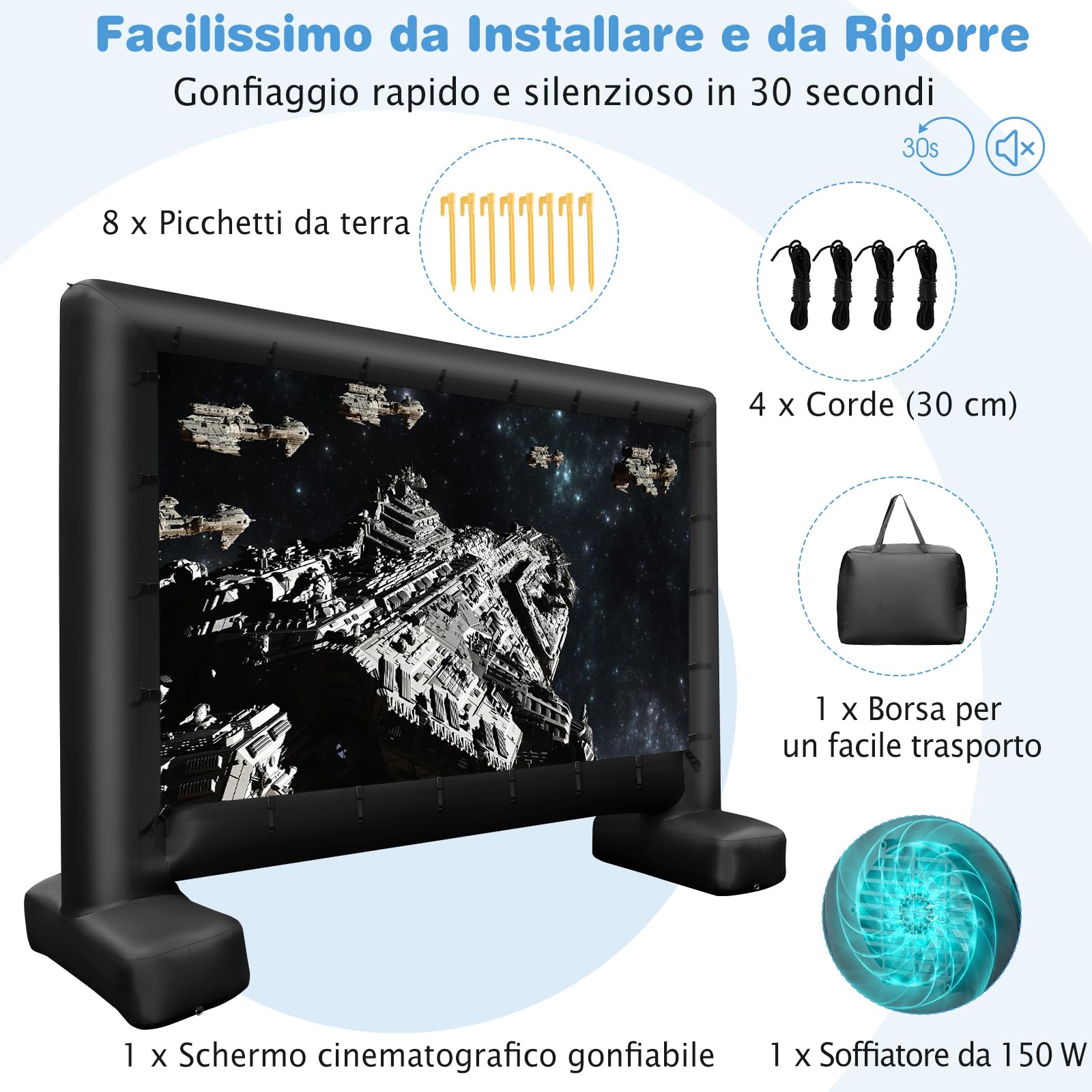 GYMAX 5 M Schermo Proiettore Gonfiabile, Telo Proiettore per Film con Soffiatore d'Aria, Borsa, Picchetti, per Giardino, Terrazzo, Esterno