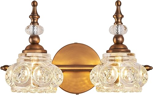 ZILANL Lámparas de tocador de baño, 2 luces vintage de cristal para baño, acabado de latón antiguo cepillado mate, aplique de pared vintage con