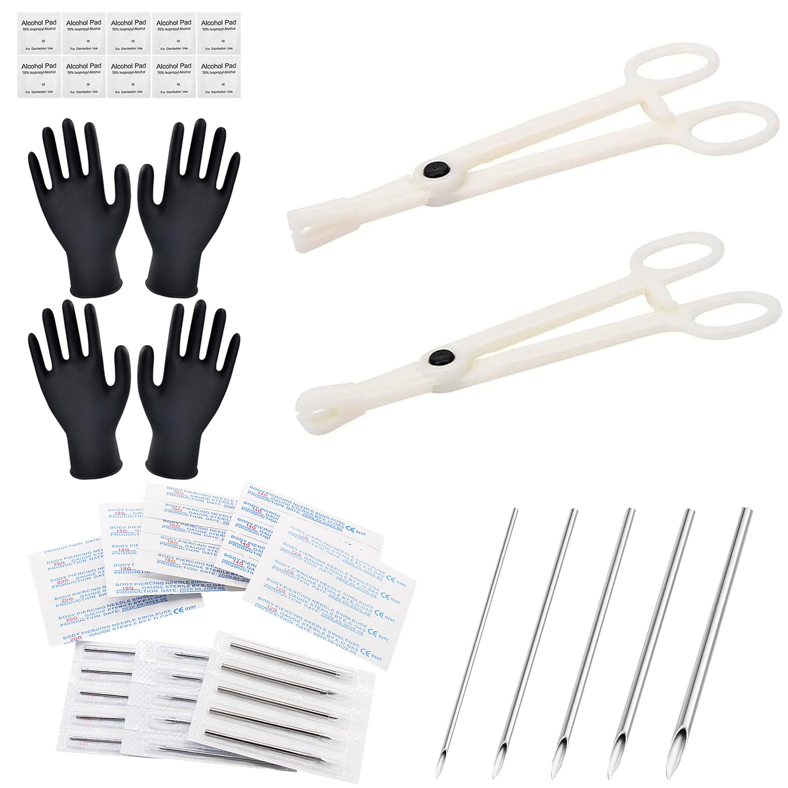 Kit Piercing Professionnel 41 Pièces – 25 Aiguilles Stériles Mix 12G-20G + Pinces Jetables, Tampons, Gants – Kit Complet Sécurité