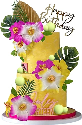 25 decoraciones de pastel hawaiano para decoración de pasteles de verano con bonitas figuras y hojas de palmera de flores de hibisco para fiestas