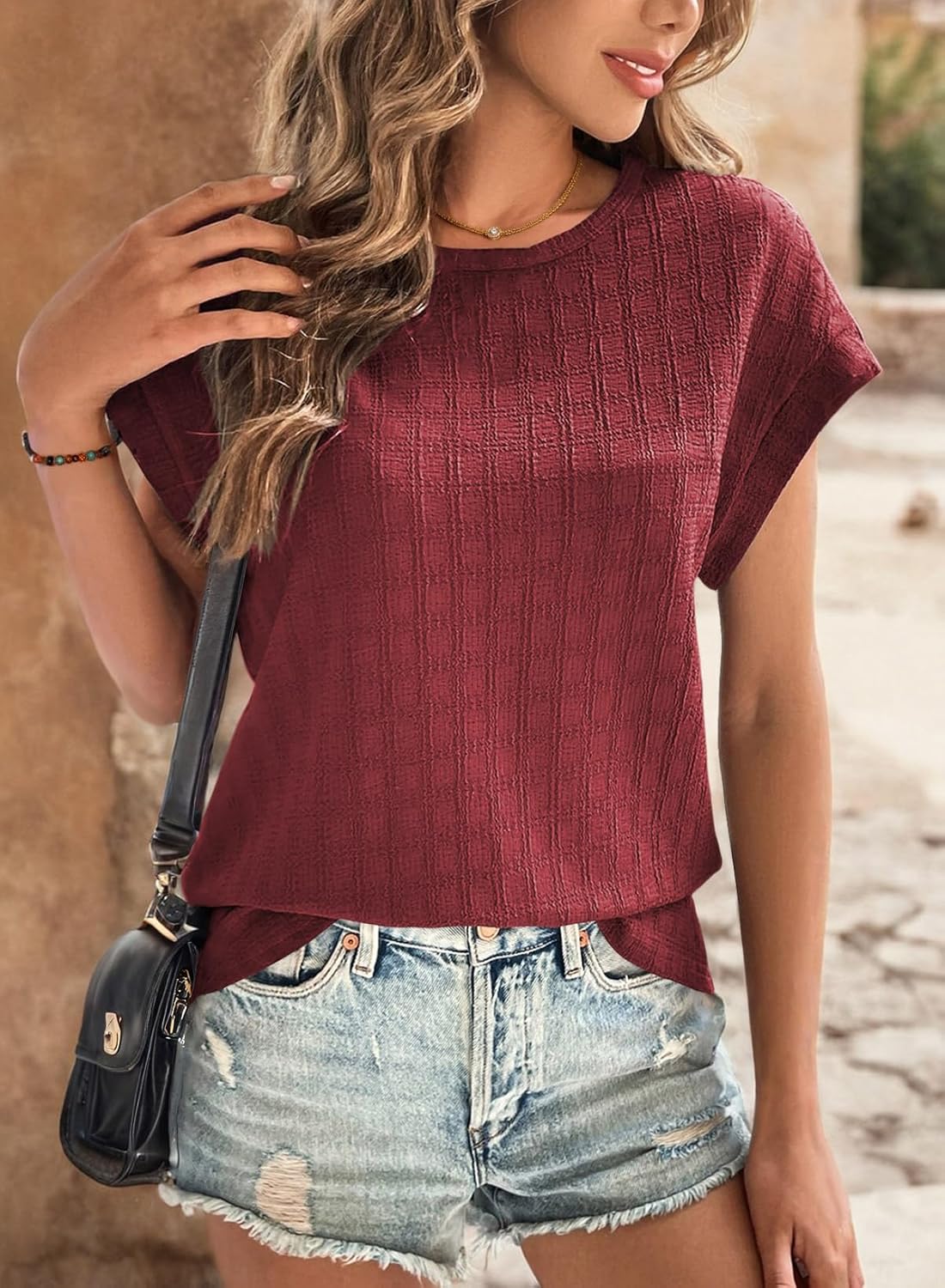 Dokotoo Womens Blouses Summer Casual Cap Short Sleeve Tops Basic Textured Solid Color Round Neck T Shirts Blouse - Image 2