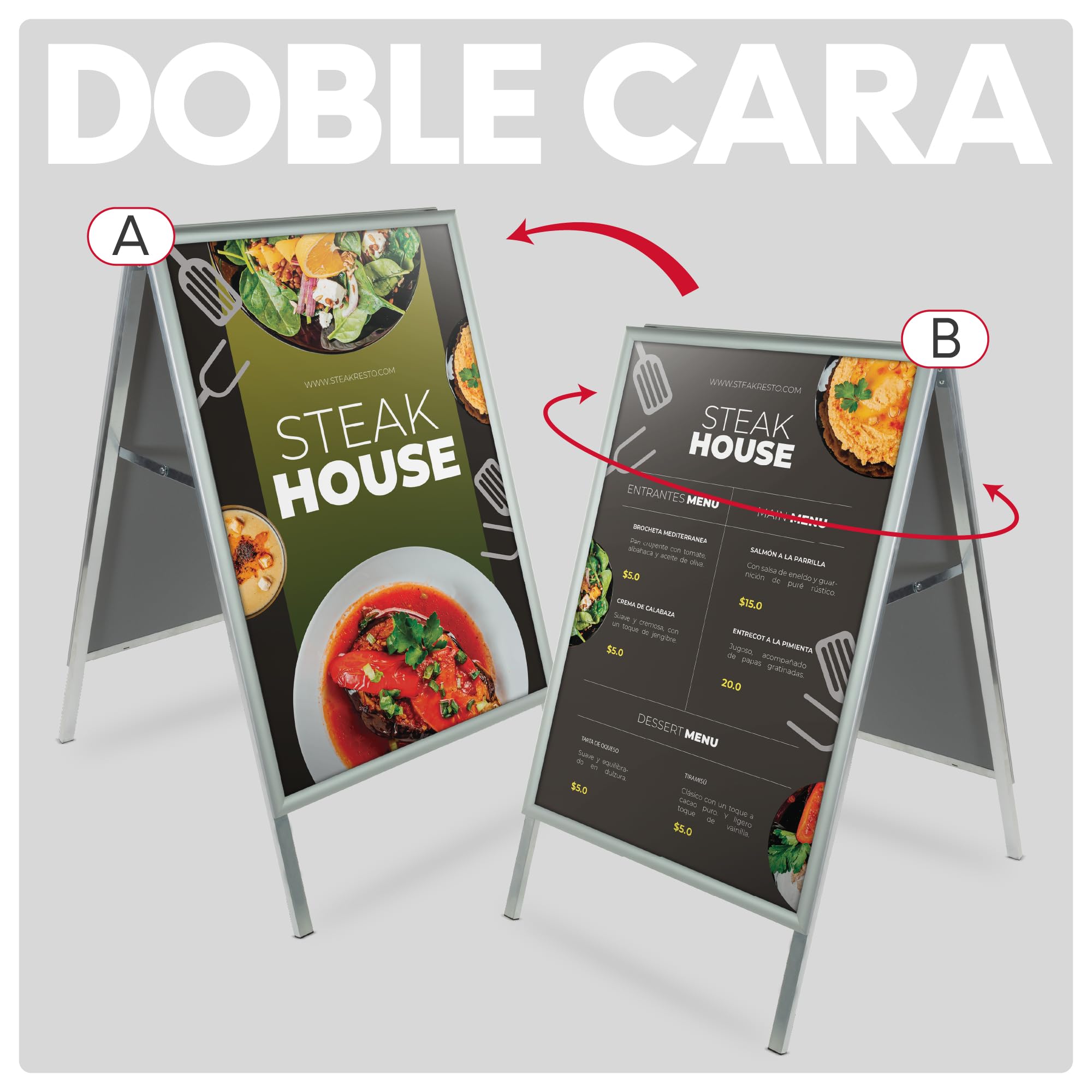 Caballete Publicitario de Aluminio Gris | Expositor Doble Cara con Sistema Click y Protector Antideslumbrante | Caballete para Carteles y Anuncios | Medidas 700x1000 mm