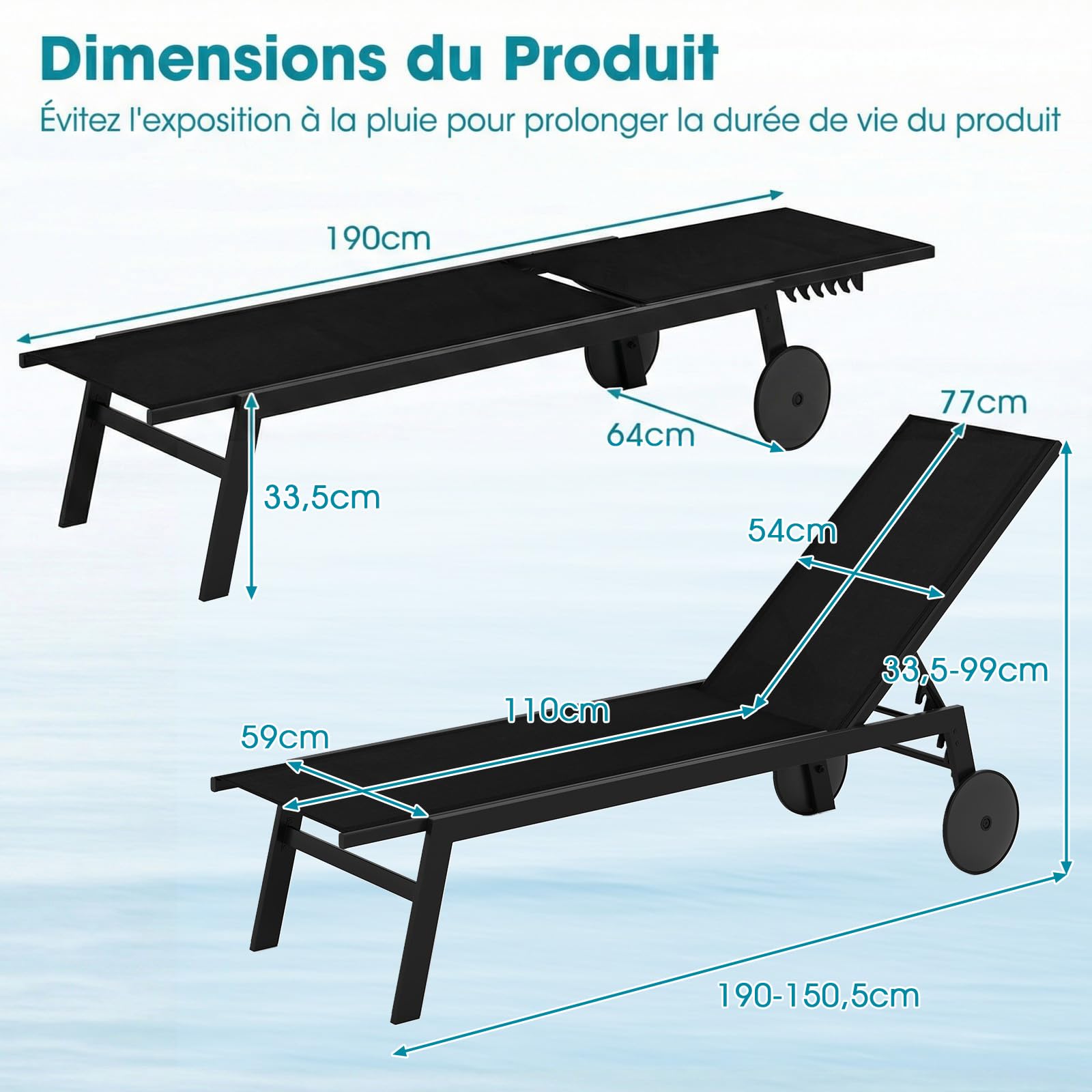 COSTWAY Bain de Soleil avec 2 roulettes, Chaise Longue Jardin Exterieur Réglable en 6 Positions, Tissu Respirant, Structure en Métal, Transat pour Piscine Terrasse Jardin, Charge 150 kg (Noir,1)