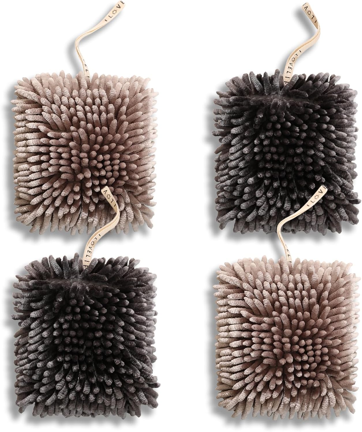 Fuzzy Ball Hand Towel Set of 4 Hanging Chenille Puff Ball Hand Towels Super Absorbent Quick Dry Hand Soft Fluffy Ball Towel for Bathroom Kitchen (Coffee+Grey)