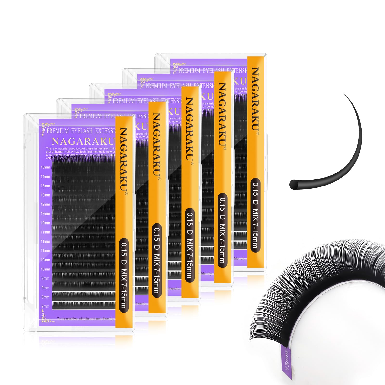 NAGARAKU 5 Trays Eyelash Extensions 0.15mm D curl 7-15mm Mix Tray Individual Lashes Classic Matte Black Faux Mink 16 Rows Professional Beauty Salon