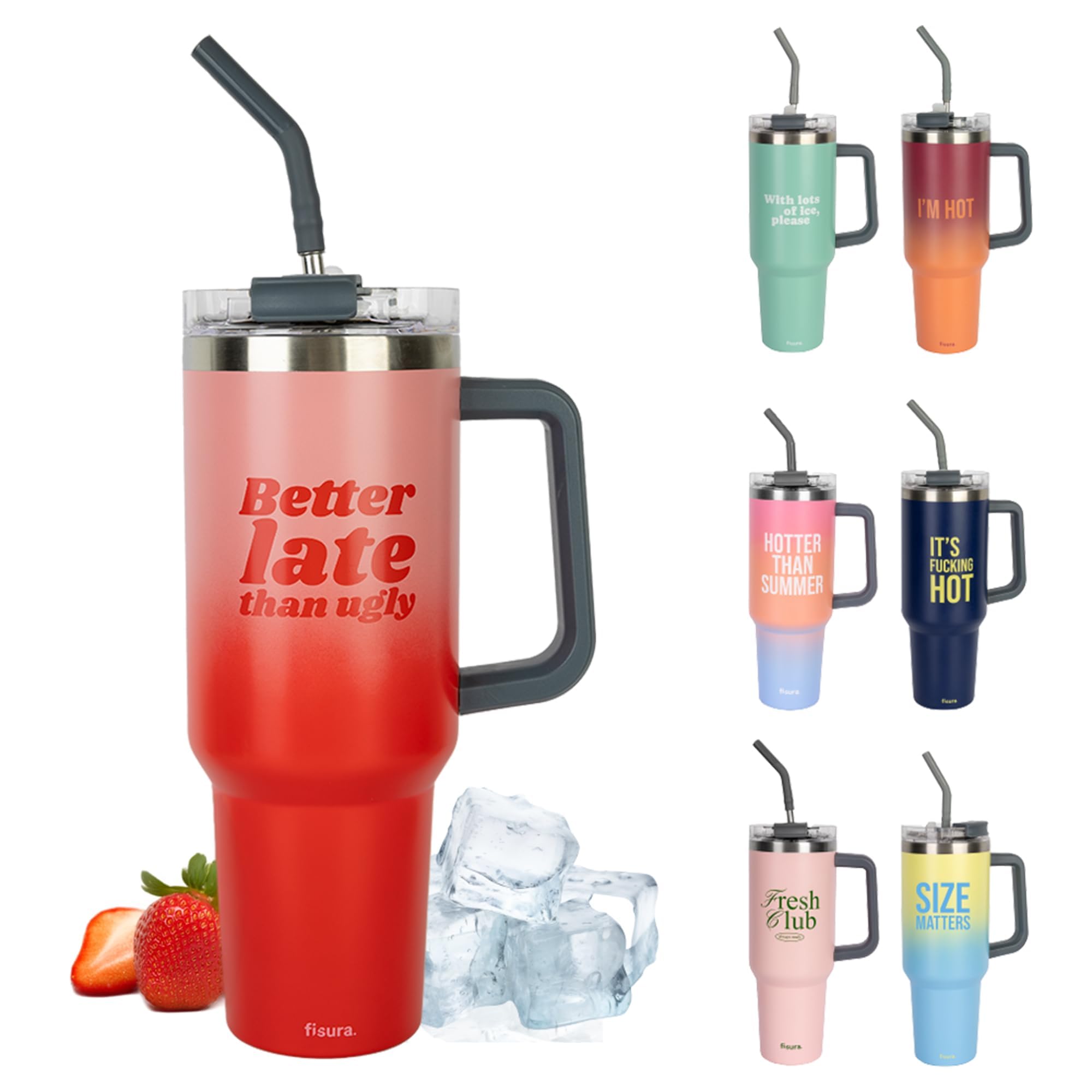 Fisura - Better Late 1.2 Litre Thermos Flask - Large Pink Stainless Steel Flask - BPA Free - Keeps Drinks Cold for 24 Hours/Hot for 12 Hours. Straw. 9.8 x 27.8