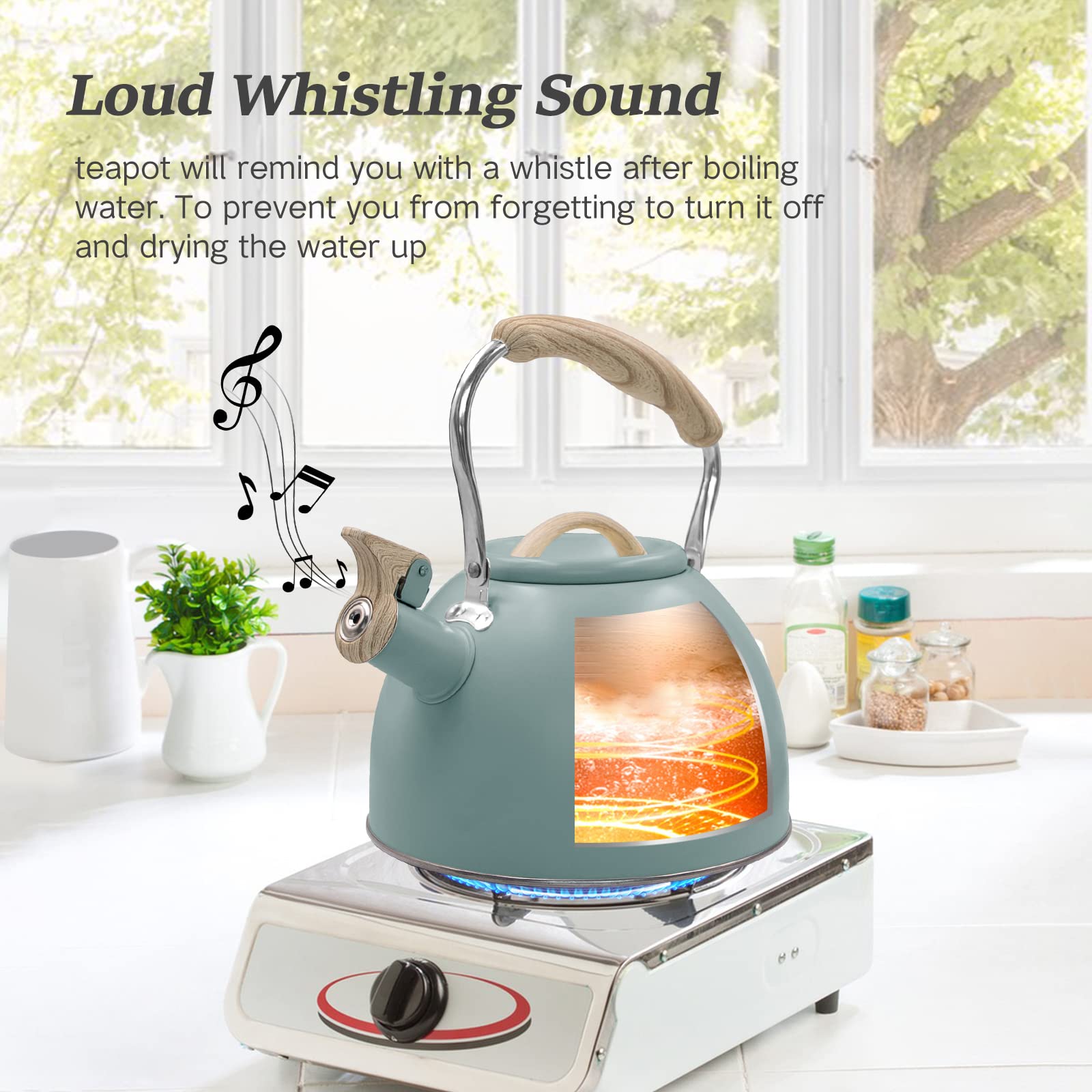 Whistling Stovetop Tea Kettle, 2.6 Quart/3.0 Liter Stainless Steel Tea Kettles, Food Grade Tea Pots for Stove Top, Tea Pot with Anti-Heat Handle, Anti-Rust, Suitable for All Heat Sources (Green)