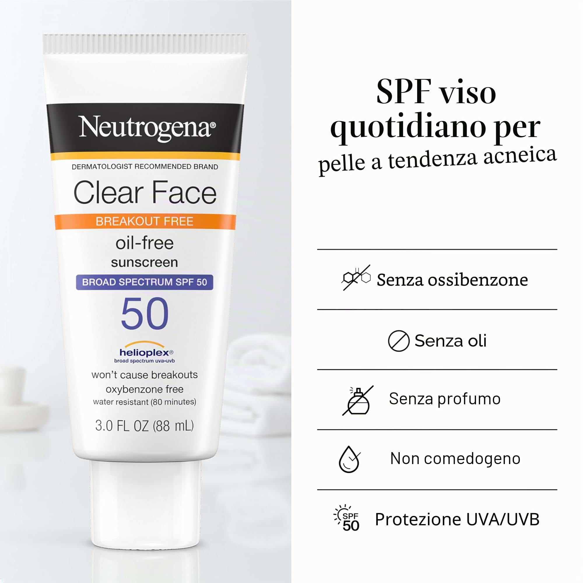 Neutrogena Clear Face Liquid Lotion - Protezione solare per pelli sensibili all'acne, ampio spettro SPF 50 UVA/UVB, protezione solare viso senza olio, profumo e ossibenzone, non comedogenica, 0,8 l