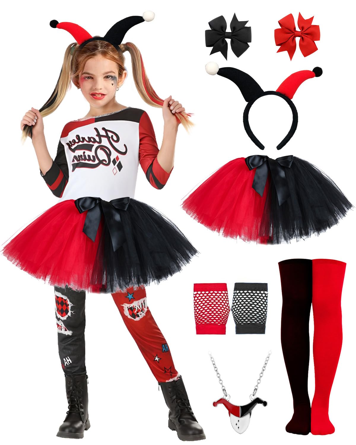 Disfraz de Quinn Cosplay Niños, Disfraz de Quinn Cosplay Falda de Tul con Lazo para el Pelo Guantes de Malla Collar Calcetines Disfraz de Payaso para niñas Halloween Carnaval Joker Cosplay Fiesta