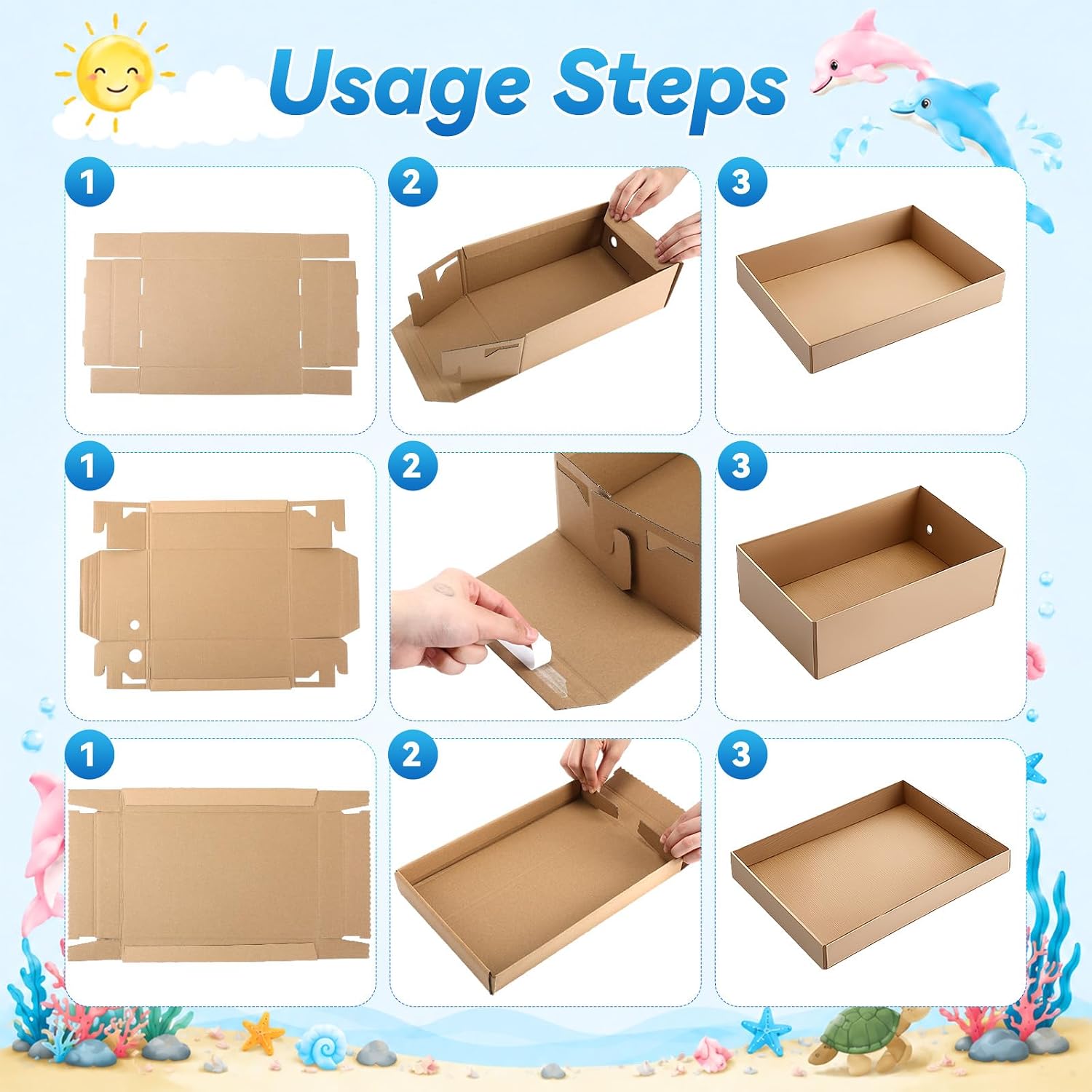 Ocean Diorama Box Kit for Habitat School Project, Double Decker | 11.8 x 7.9 x 16.2 Inch, Cardboard Display Case Tray Kit & Water Tablecloth Background & Double Sided Tape, for DIY Crafts