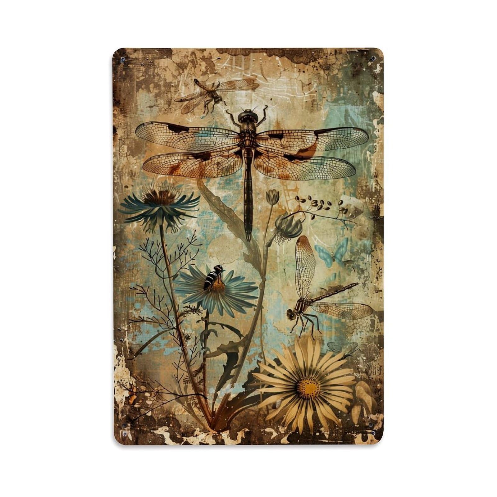 Jdfenggu Vintage Dragonfly And Flower Pattern Retro Metal Tin Sign, Metal Poster For Bar, Home, Man Cave, Kitchen, Laundry Room Art Decor 8X12 Inch