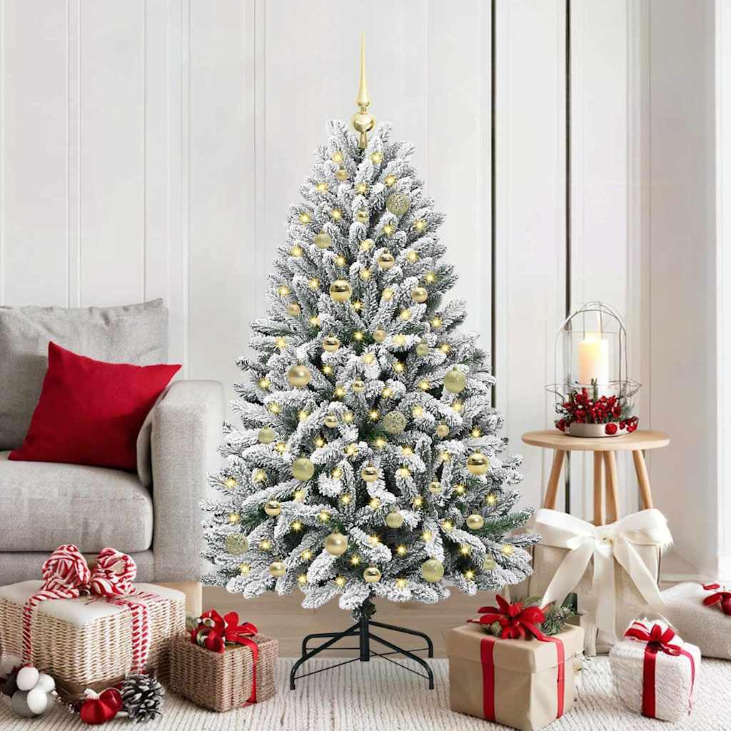 Sztuczna choinka, 150 cm, zielono-biała, PCW i metal, z 150 diodami LED o ciepłej białej barwie, do użytku wewnątrz i na zewnątrz, w zestawie zestaw kul