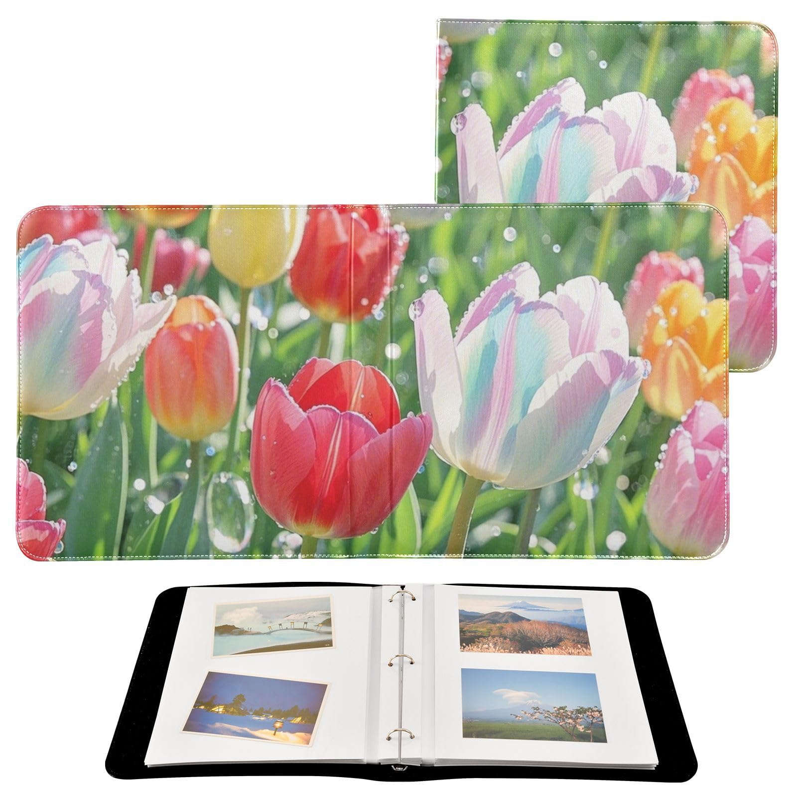 Photo Album 4x6, 5x7,6x8,Artificial Leather Photo Albums with 20 Detachable Sheets Tulips Print for Family Wedding,Multi 18