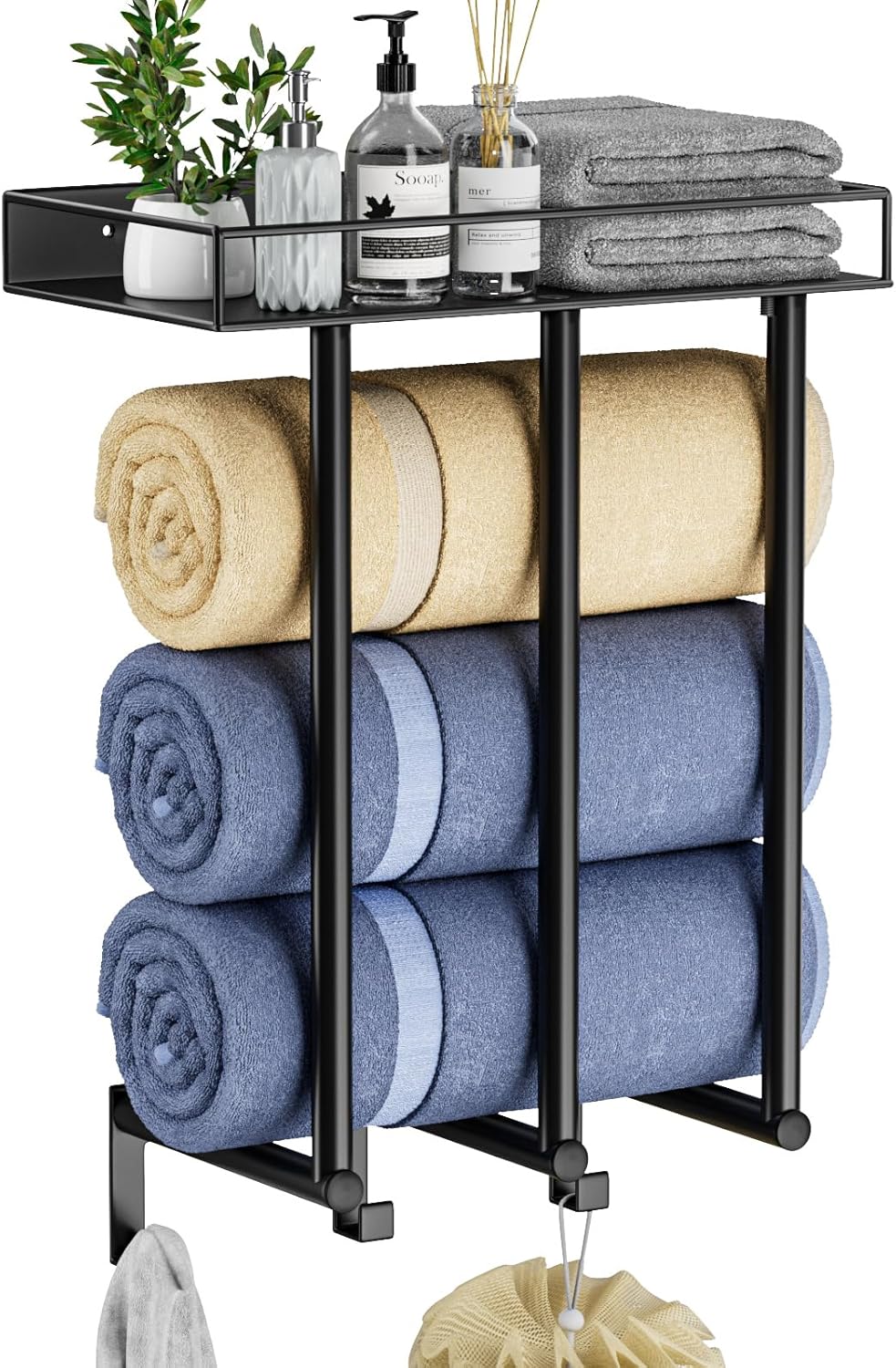 OVICAR Towel Racks for Bathroom - Wall Mounted Towel Rack with Metal Shelf & 3 Hooks, Wall Towel Holder for Small Bathroom, Bath Towel Storage for Rolled Towels Organizer, Black