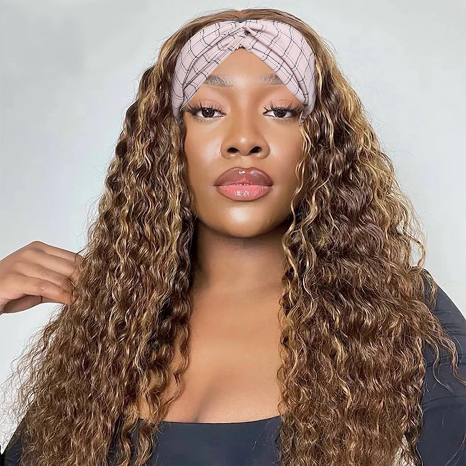 Highlight Ombre Blonde Deep Wave Headband Wig - 8 Inch Virgin Hair for Black Women - Curly None Lace Front Machine Made Wig 4/27 Highglight