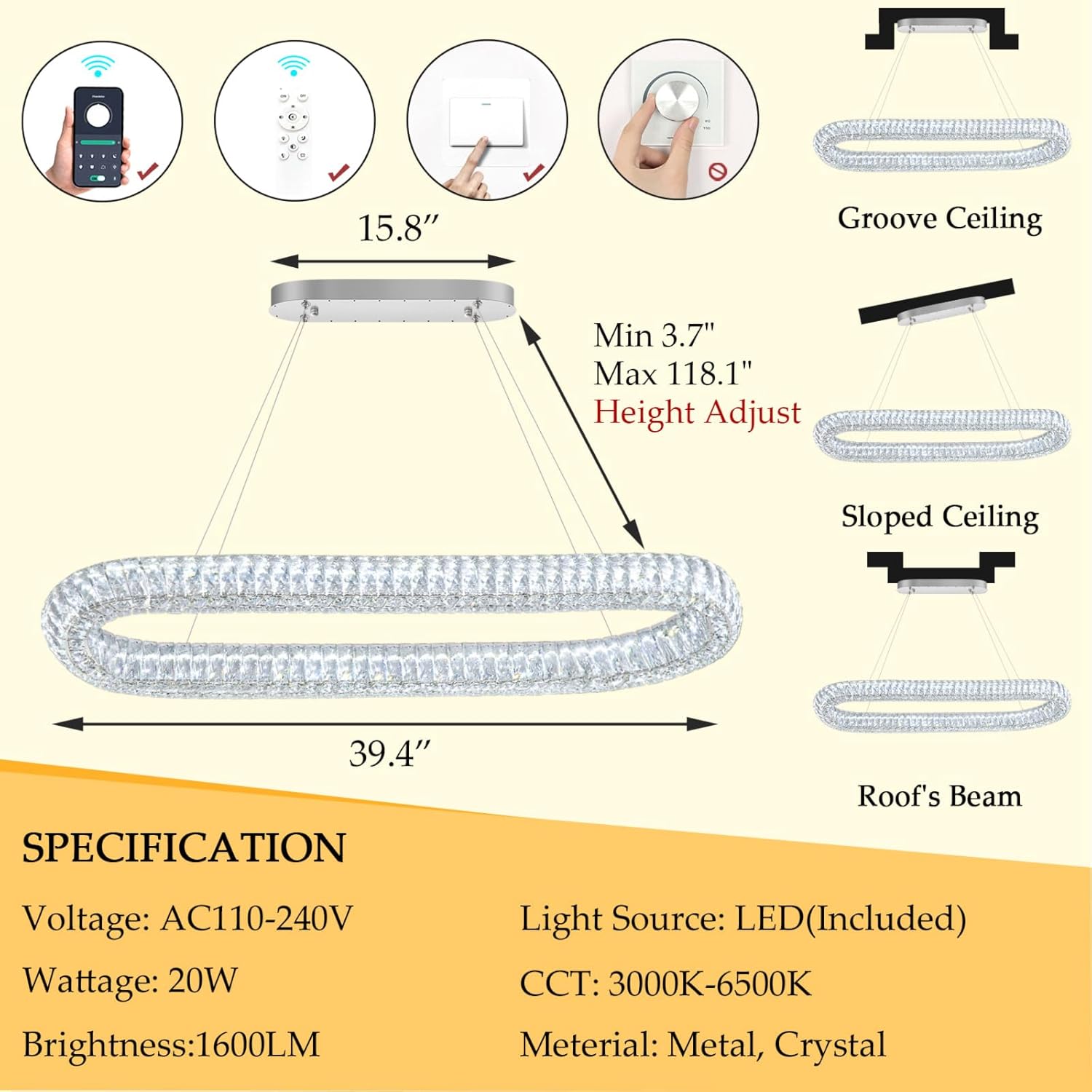 40" Oval Modern Crystal Chandelier Dimmable Ring Pendant Light Round Crystal Chandeliers for Dining Room Living Room Kitchen Island Silver