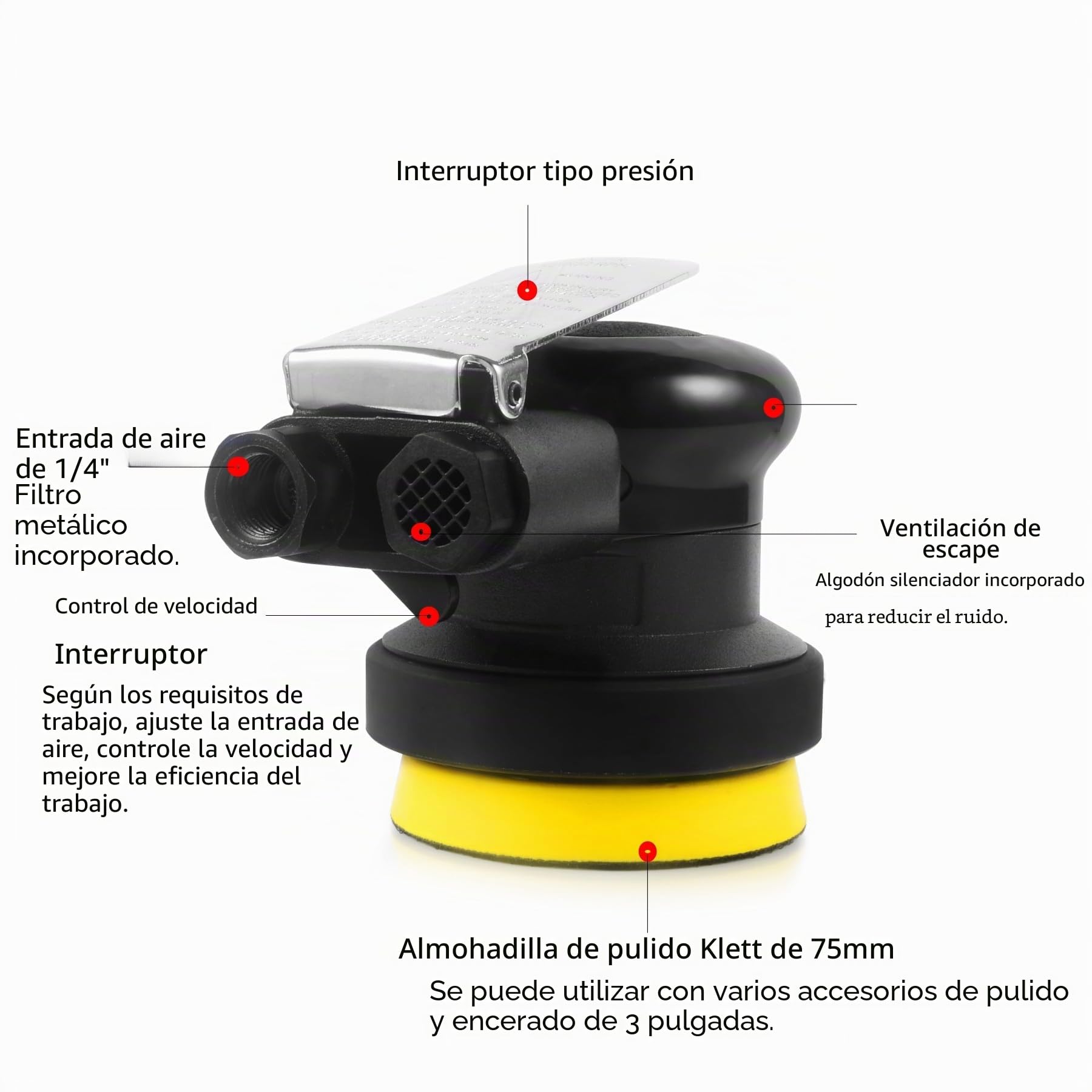 Lijadora excéntrica de aire comprimido de 75 mm (3"), 10000 RPM, profesional, minilijadora de aire comprimido, máquina pulidora para coche, muebles, madera