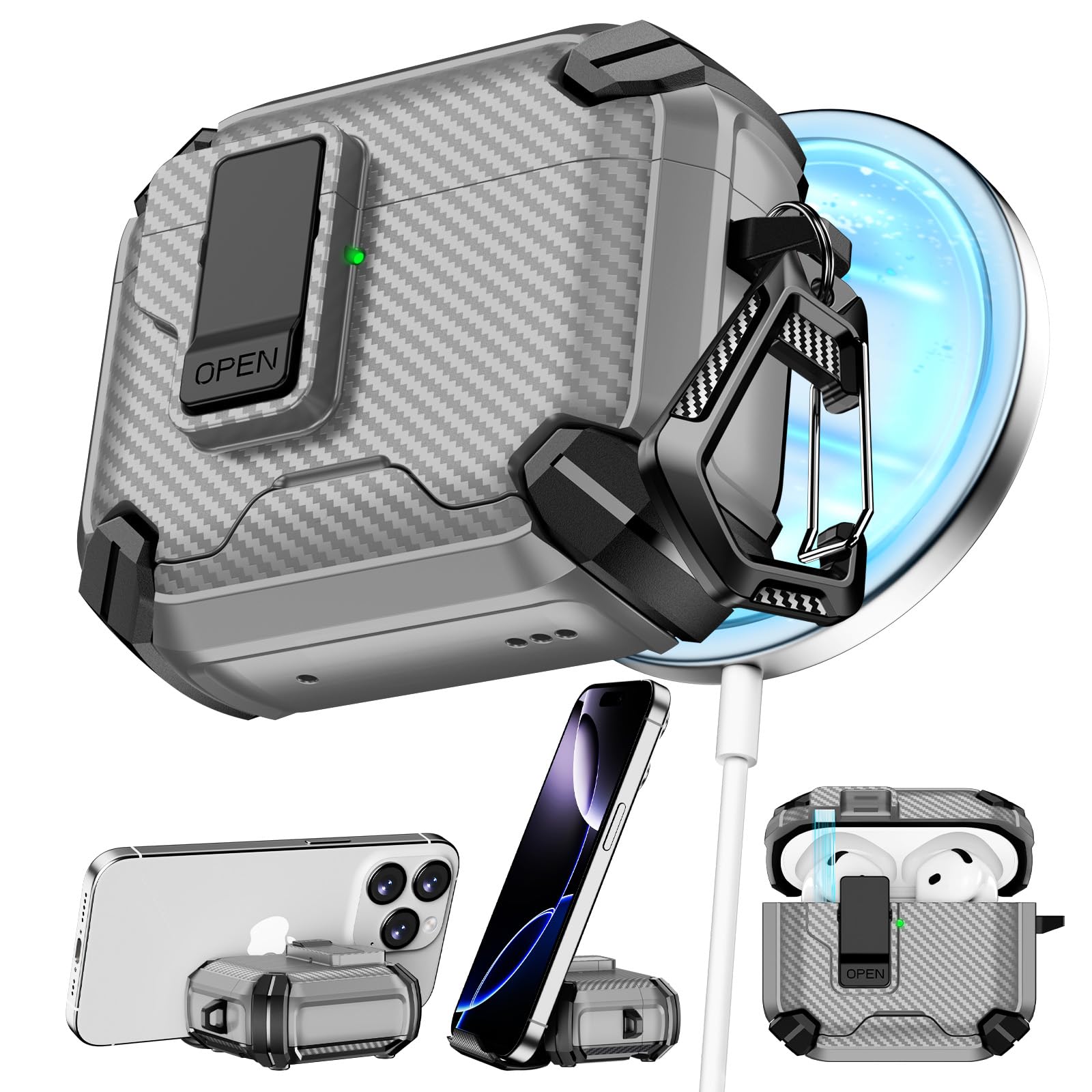 Pohgelan Compatible with AirPods 4 Case Carbon Fiber Texture(Gray)