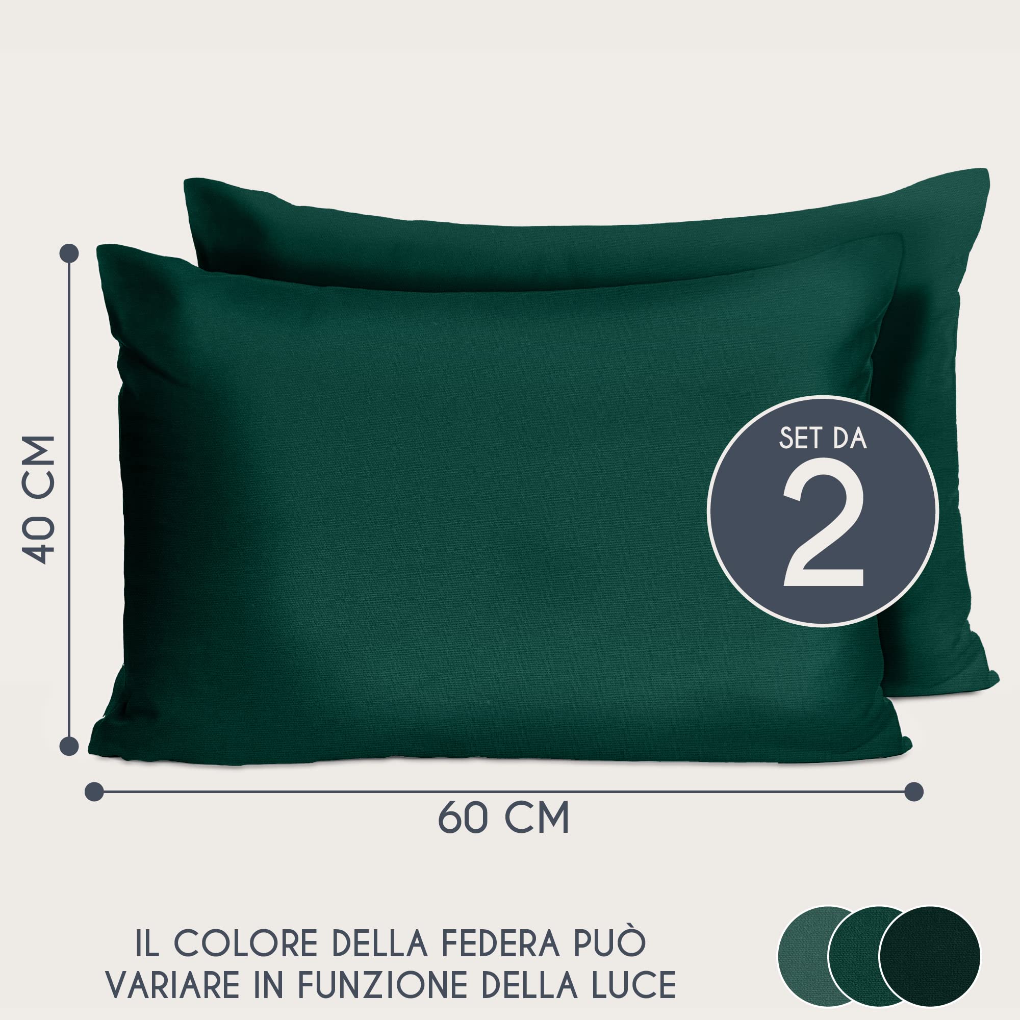 Dreamzie Federe 40x60 Cotone Rinforzato (Set da 2) - Verde - Trama Fitta a 57 Fili/cm² - Federe Cuscini 40x60 cm - Federe Cuscino 40x60 Certificate Oeko Tex